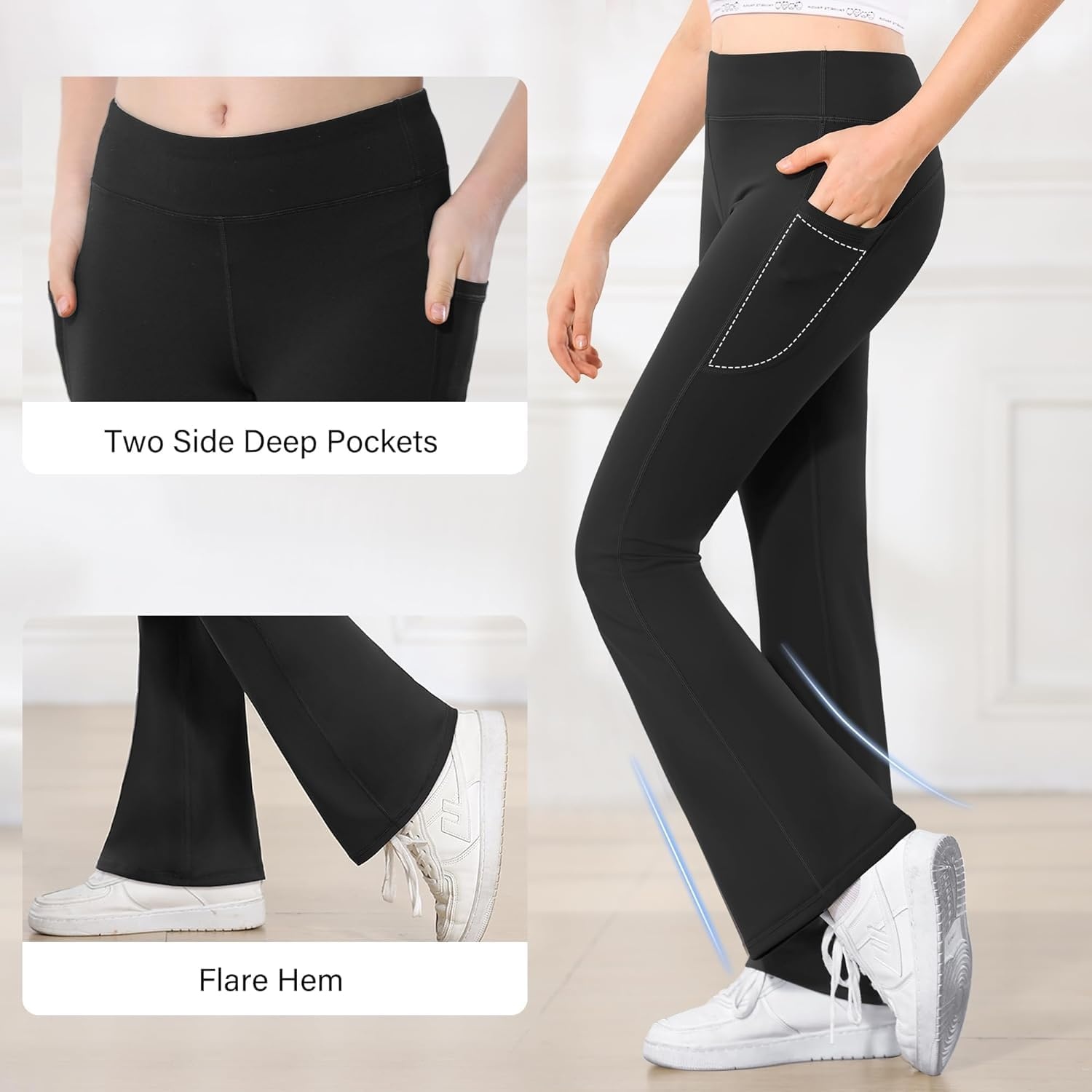 Stelle Girls Flare Leggings with Pockets High Waisted Bootcut Yoga Pants(14-c4-4*black)