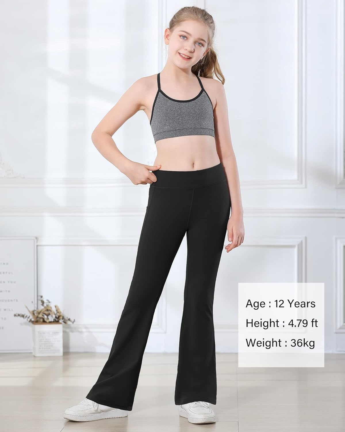 Stelle Girls Flare Leggings with Pockets High Waisted Bootcut Yoga Pants(14-c4-4*black)
