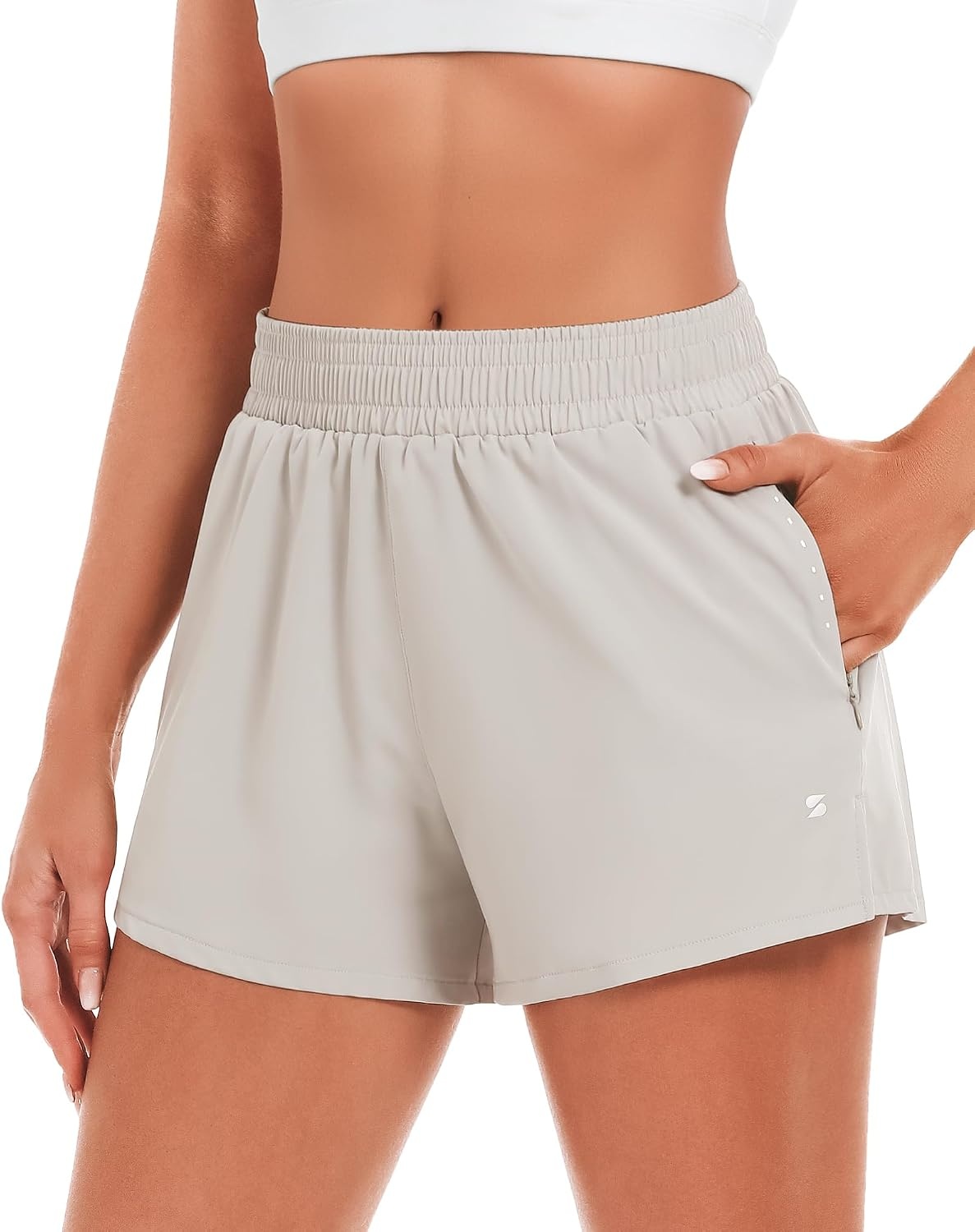 Stelle Women’s 3.5″ High Waisted Running Shorts Quick-Dry Gym Shorts Workout Athletic Shorts Mesh Liner with Zipper Pockets(Sandy Grey)