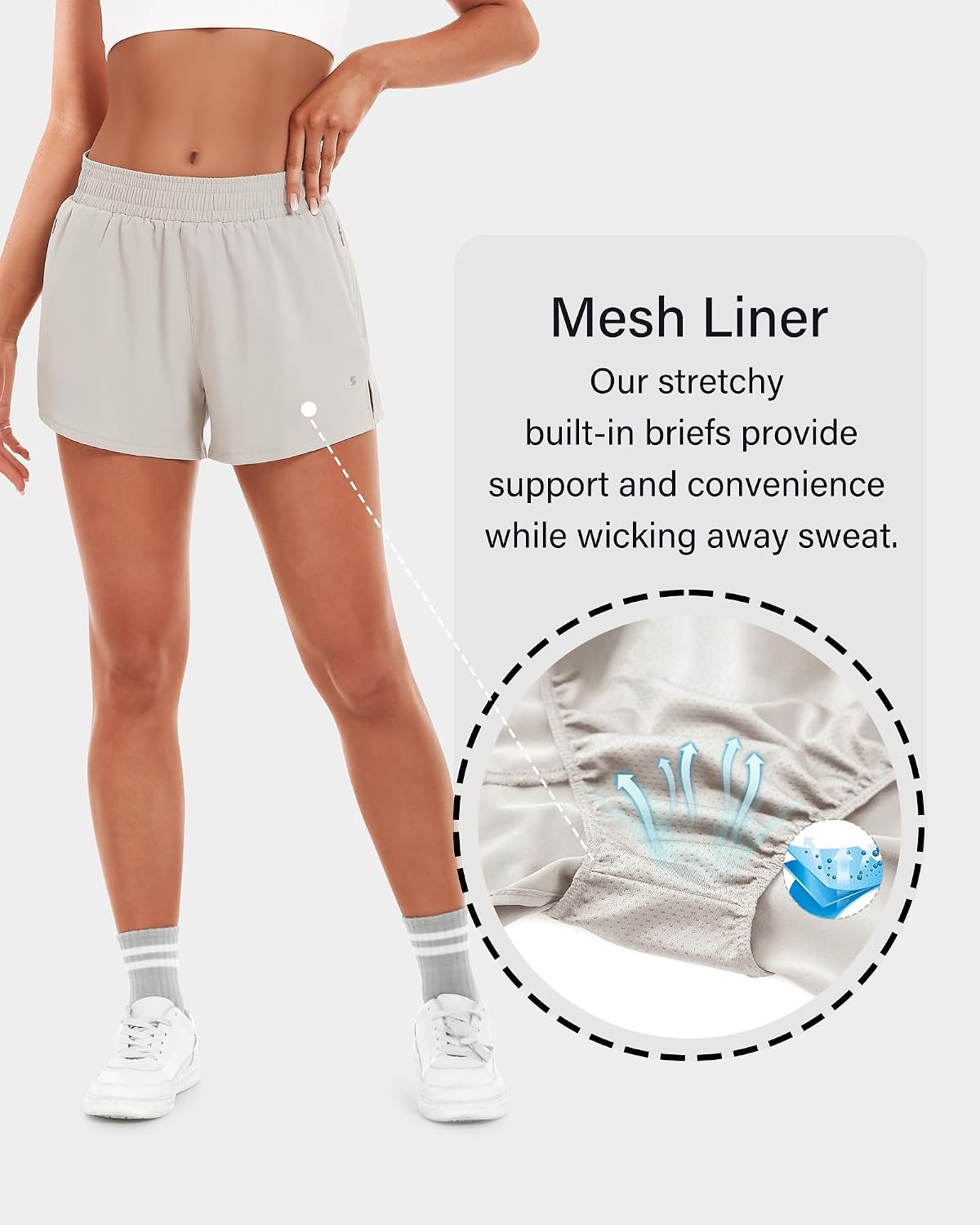 Stelle Women’s 3.5″ High Waisted Running Shorts Quick-Dry Gym Shorts Workout Athletic Shorts Mesh Liner with Zipper Pockets(Sandy Grey)