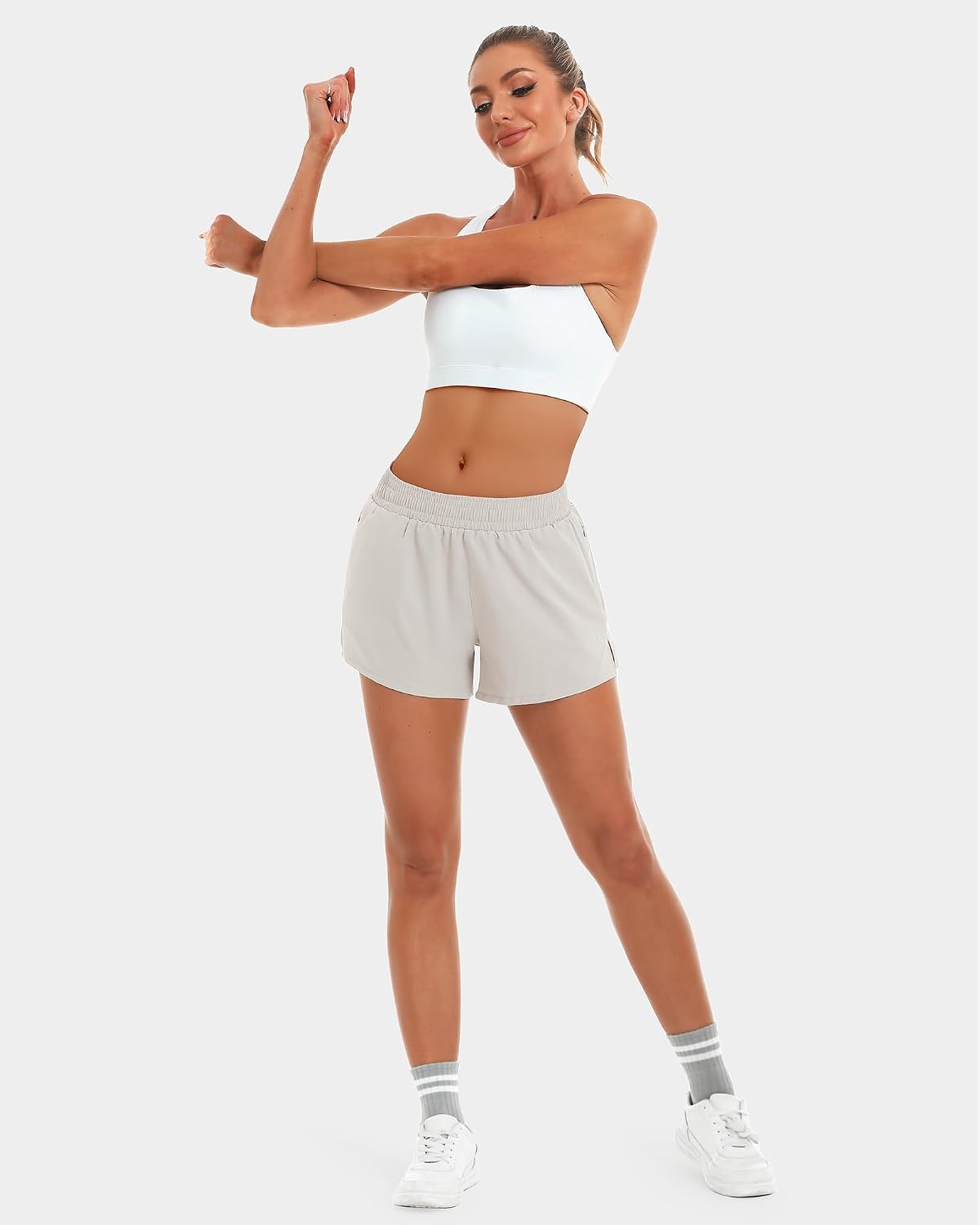 Stelle Women’s 3.5″ High Waisted Running Shorts Quick-Dry Gym Shorts Workout Athletic Shorts Mesh Liner with Zipper Pockets(Sandy Grey)