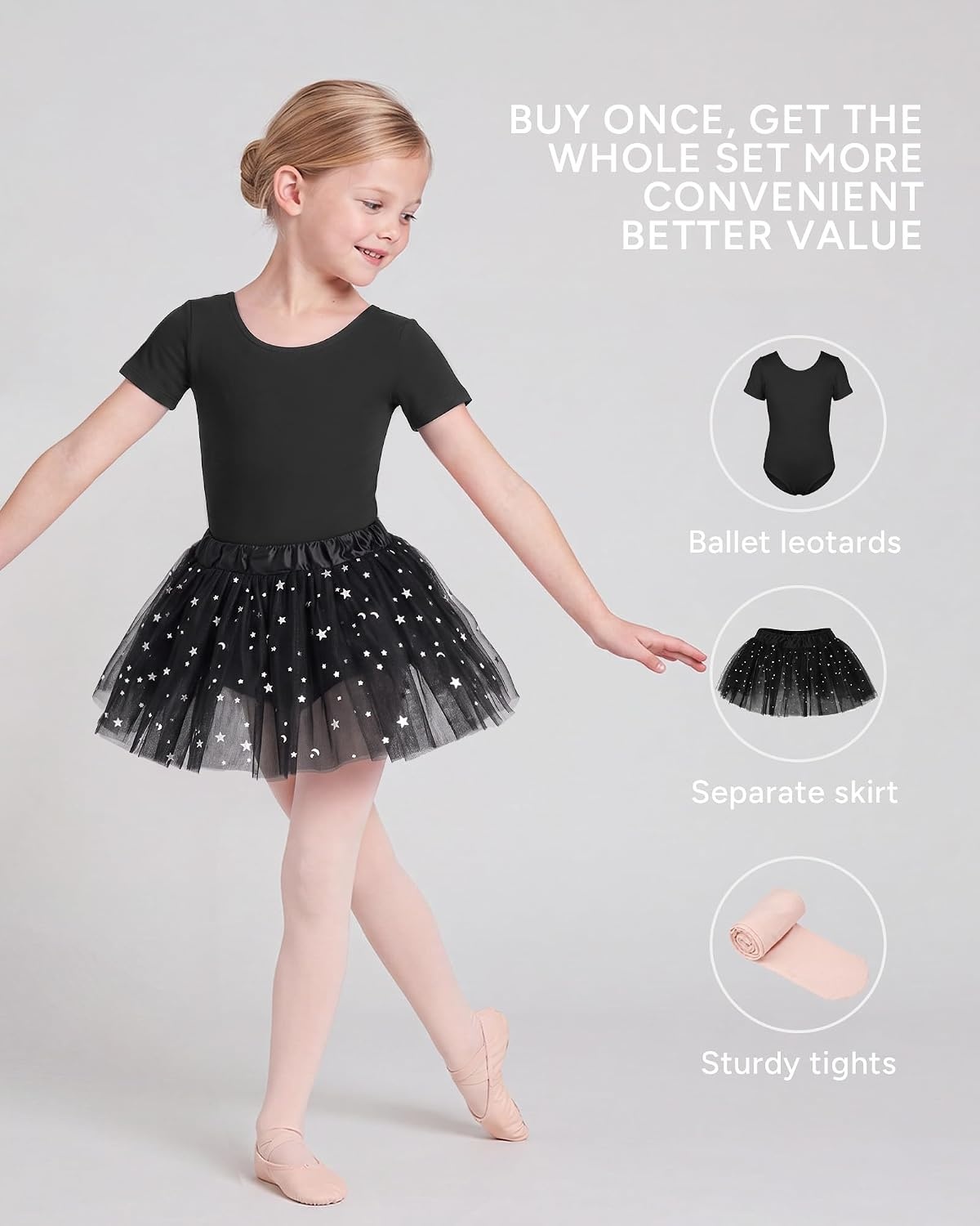 Stelle Girls Ballet Leotards Dance Outfits with Skirt and Footed Tights | Crew neck, Removable ballet skirt, Durable footed tights, Fully lined front, High elasticity & durable, Breathable(02-black (Shiny Tutu Skirt))