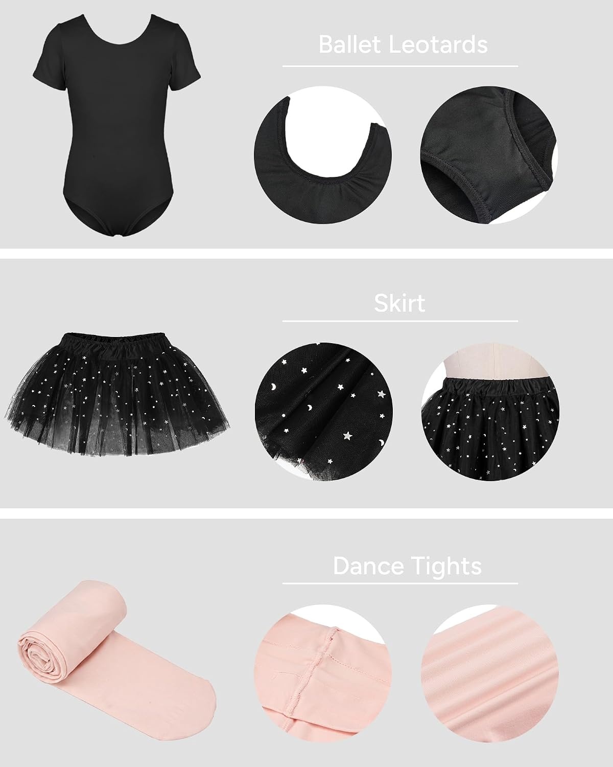 Stelle Girls Ballet Leotards Dance Outfits with Skirt and Footed Tights | Crew neck, Removable ballet skirt, Durable footed tights, Fully lined front, High elasticity & durable, Breathable(02-black (Shiny Tutu Skirt))