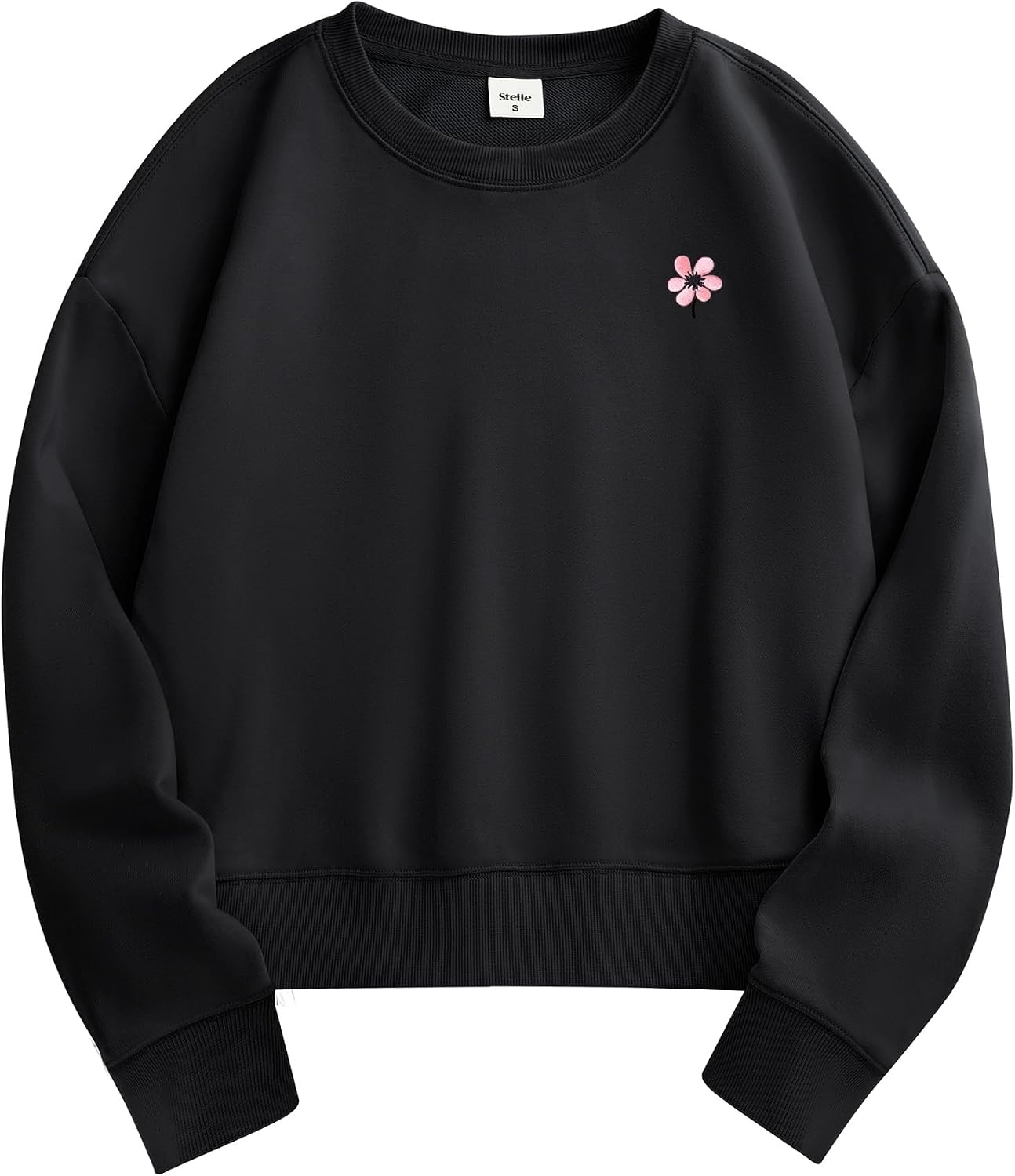 Stelle Cropped Sweatshirt for Women Crewneck Pullover Tops Oversized Long Sleeve Lightweight Casual Cotton Sweat Shirts(Black)