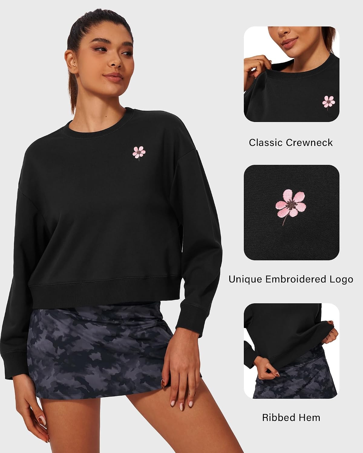 Stelle Cropped Sweatshirt for Women Crewneck Pullover Tops Oversized Long Sleeve Lightweight Casual Cotton Sweat Shirts(Black)