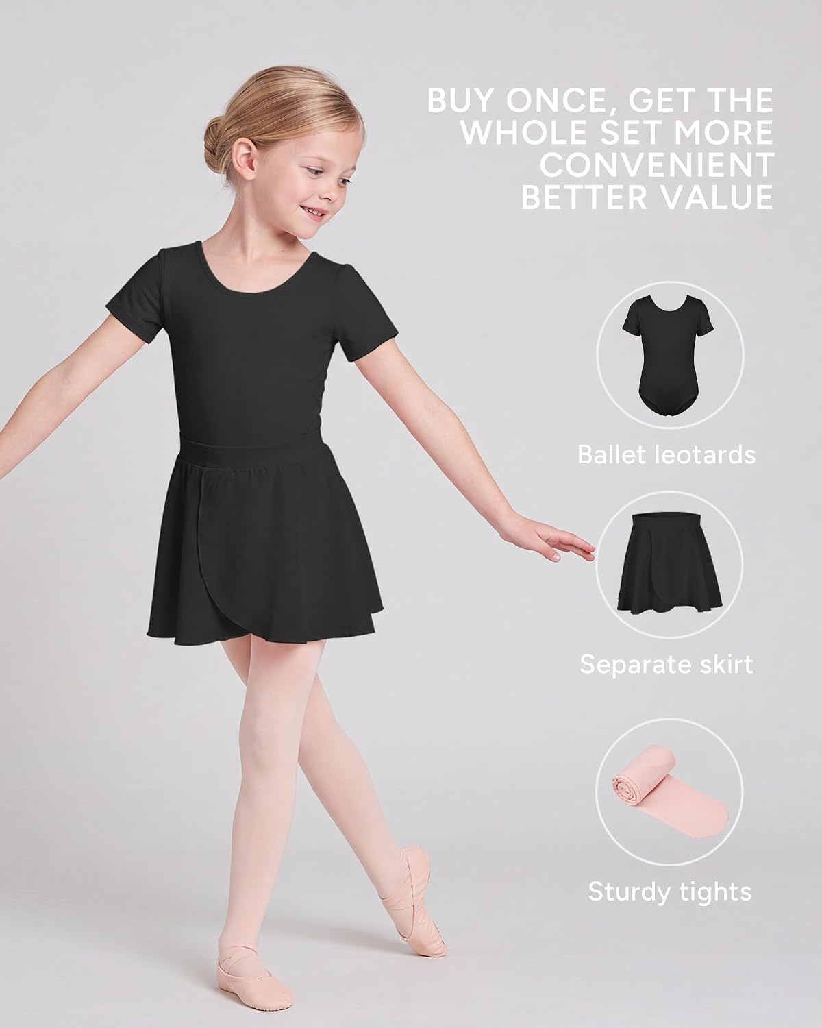 Stelle Girls Ballet Leotards Dance Outfits with Skirt and Footed Tights(01-black)