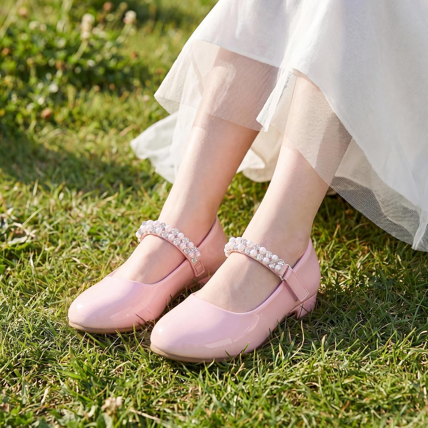 Stelle Girls Dress Shoes with Jeweled Strap for Wedding Flower Girl Party(Pink)