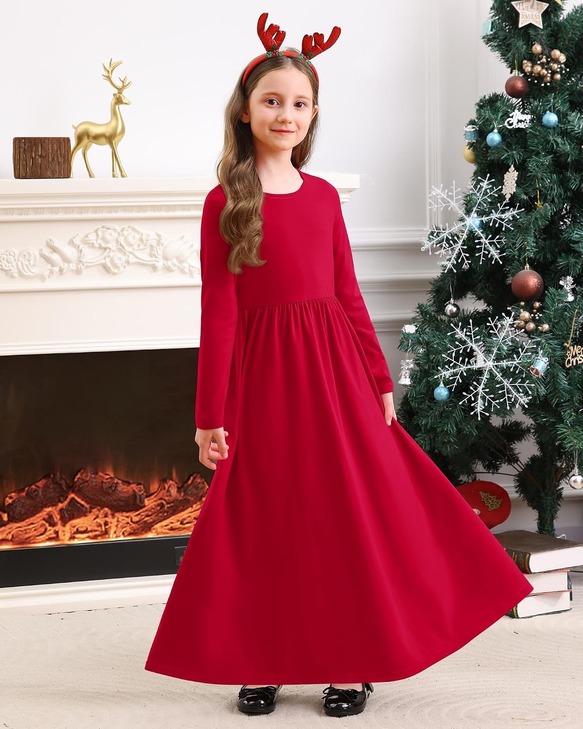 Stelle Girls Long Sleeve Maxi Dress with Pockets 6-15 Years | Crew Neck,Ankle Length,High Waist,Stretchable,Twirly,A Line, Spring Fall Dresses,Church,Long Dress for Little Kid,Teen,Tween(Red)