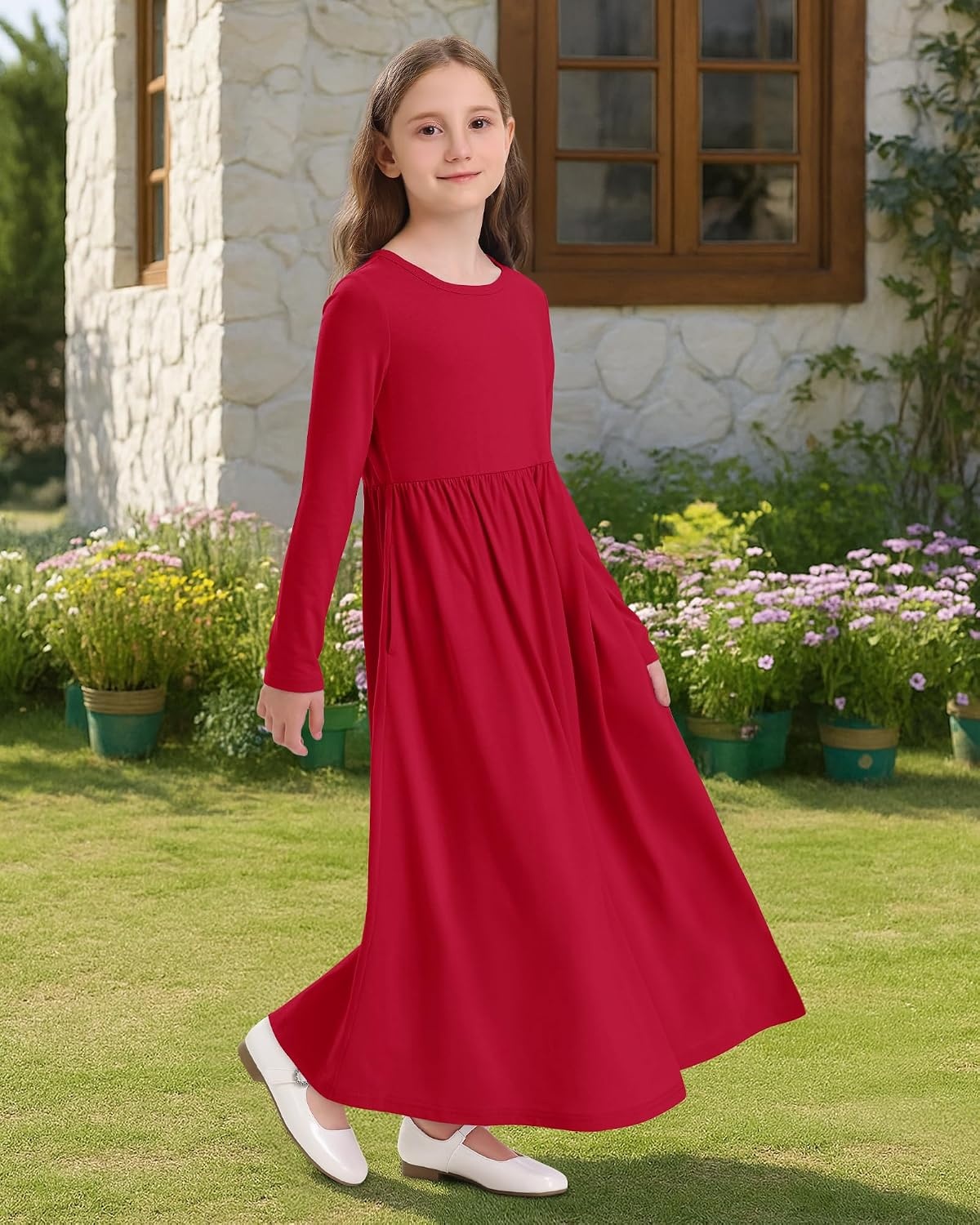 Stelle Girls Long Sleeve Maxi Dress with Pockets 6-15 Years | Crew Neck,Ankle Length,High Waist,Stretchable,Twirly,A Line, Spring Fall Dresses,Church,Long Dress for Little Kid,Teen,Tween(Red)