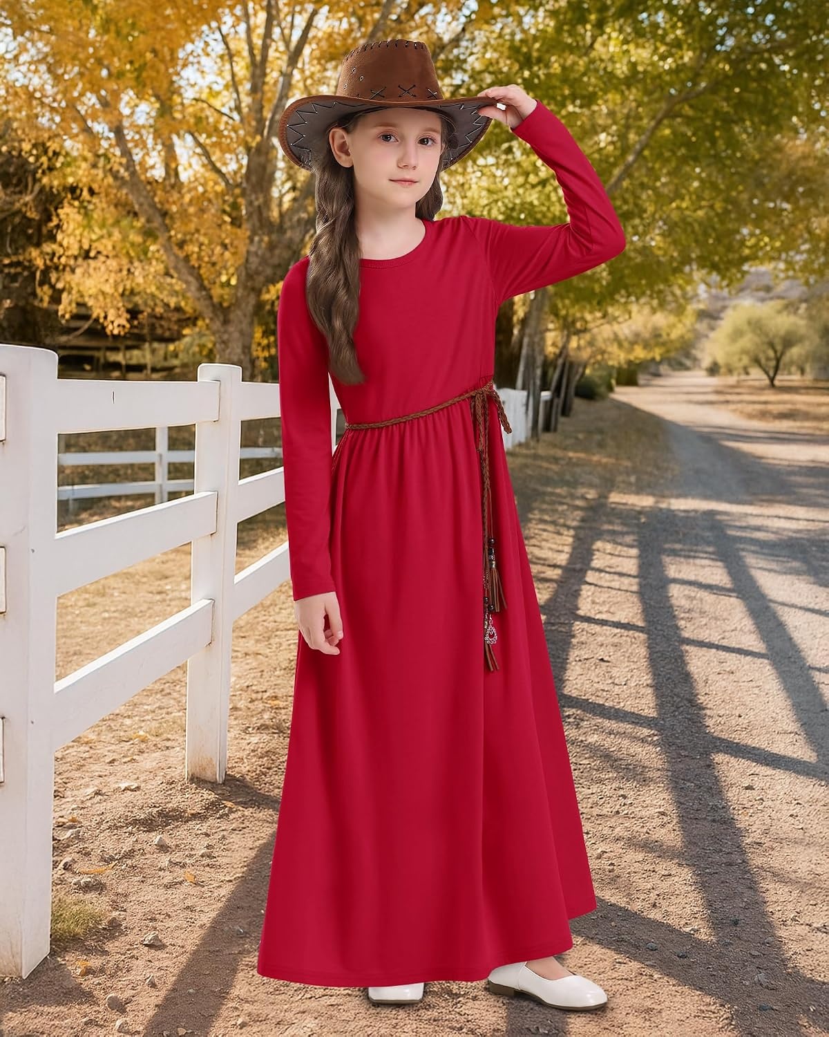 Stelle Girls Long Sleeve Maxi Dress with Pockets 6-15 Years | Crew Neck,Ankle Length,High Waist,Stretchable,Twirly,A Line, Spring Fall Dresses,Church,Long Dress for Little Kid,Teen,Tween(Red)