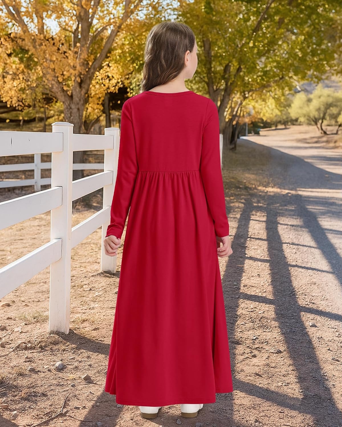 Stelle Girls Long Sleeve Maxi Dress with Pockets 6-15 Years | Crew Neck,Ankle Length,High Waist,Stretchable,Twirly,A Line, Spring Fall Dresses,Church,Long Dress for Little Kid,Teen,Tween(Red)