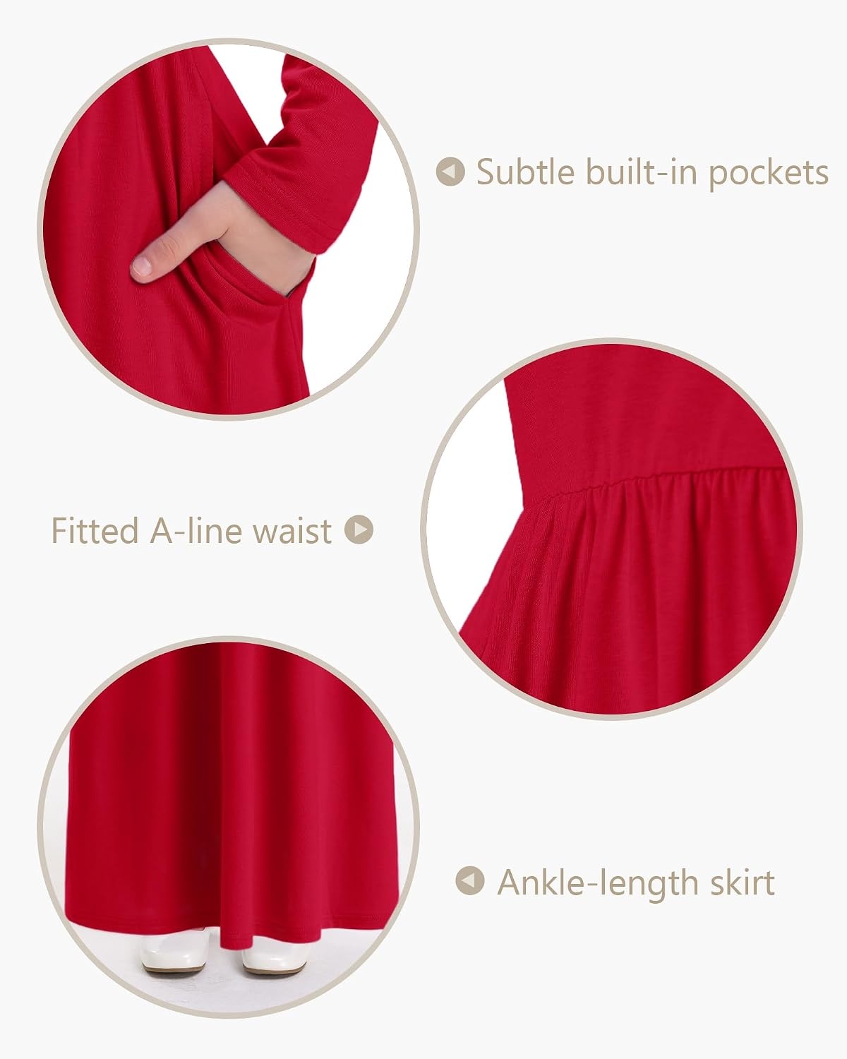 Stelle Girls Long Sleeve Maxi Dress with Pockets 6-15 Years | Crew Neck,Ankle Length,High Waist,Stretchable,Twirly,A Line, Spring Fall Dresses,Church,Long Dress for Little Kid,Teen,Tween(Red)