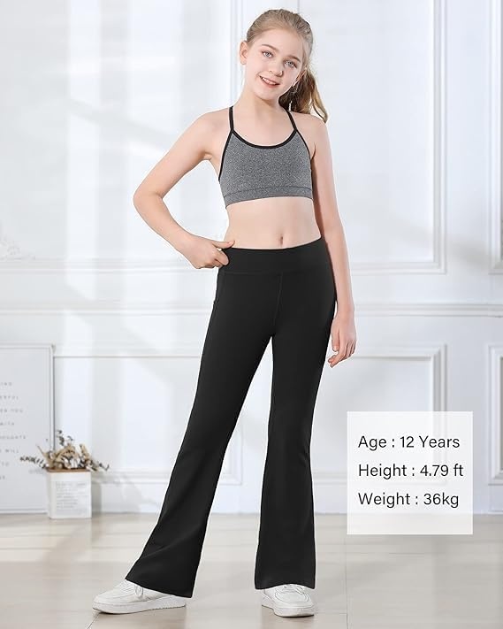 Stelle Girls Flare Leggings with Pockets High Waisted Bootcut Yoga Pants(18-c8-black/Grey Blue)
