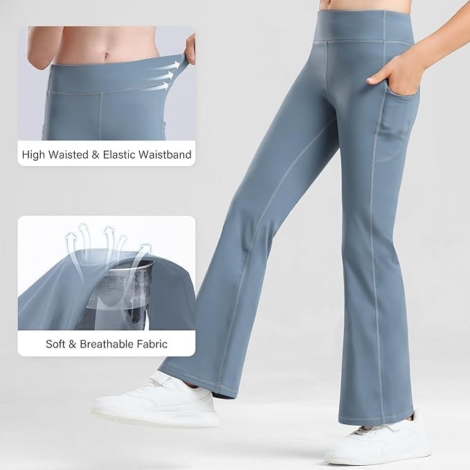 Stelle Girls Flare Leggings with Pockets High Waisted Bootcut Yoga Pants(18-c8-black/Grey Blue)