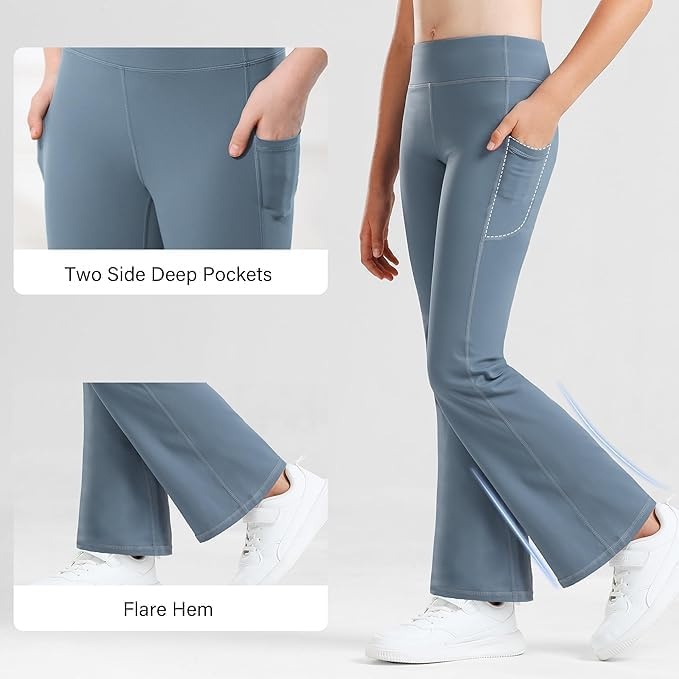 Stelle Girls Flare Leggings with Pockets High Waisted Bootcut Yoga Pants(18-c8-black/Grey Blue)