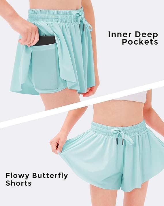 Stelle Girls Flowy Shorts with Pockets Athletic Running Skirt High Waist Butterfly 2 in 1 Sports Short 5-16 Years(Pink+light Blue+black)