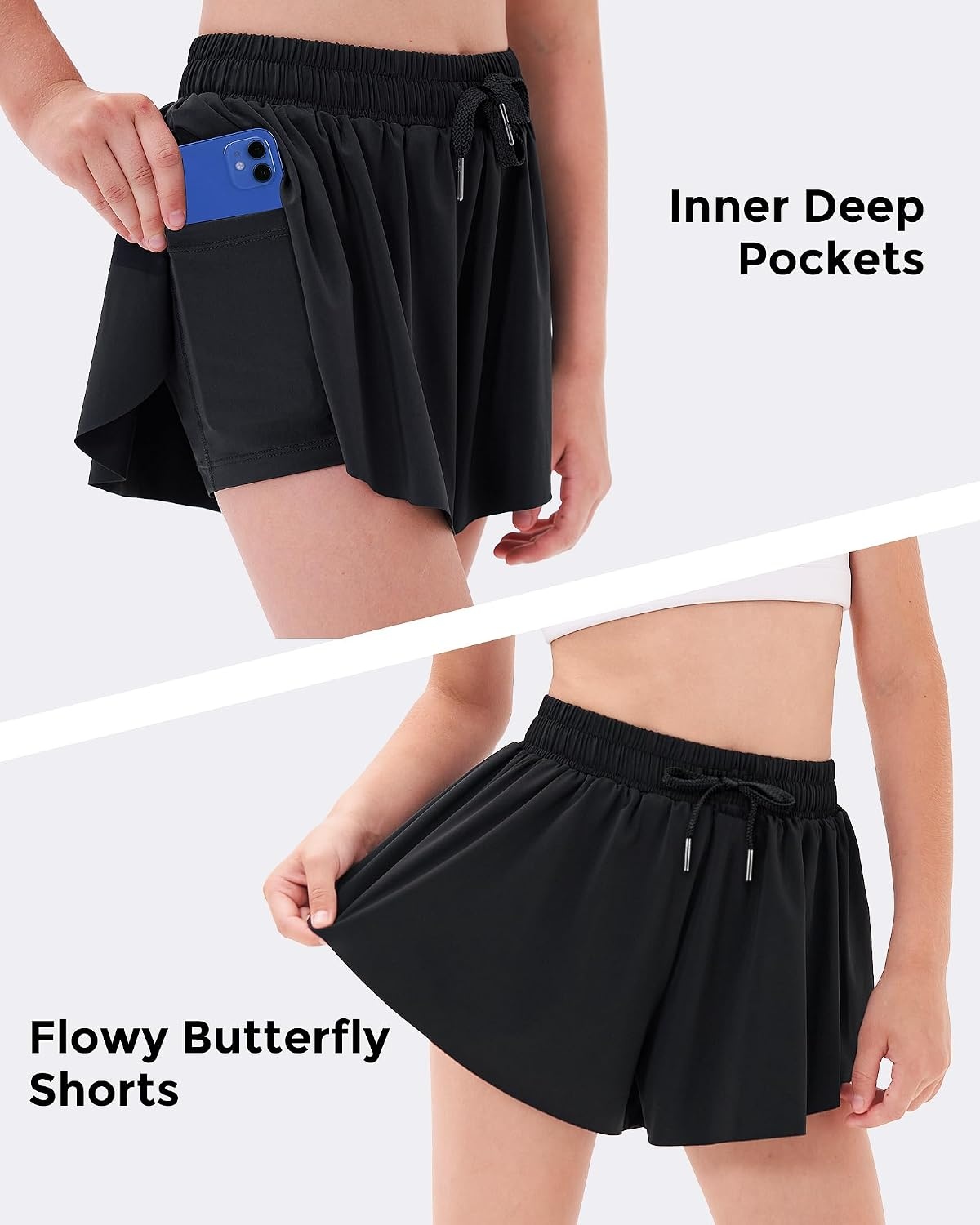 Stelle Girls Flowy Shorts with Pockets Athletic Running Skirt High Waist Butterfly 2 in 1 Sports Short 5-16 Years(Black)