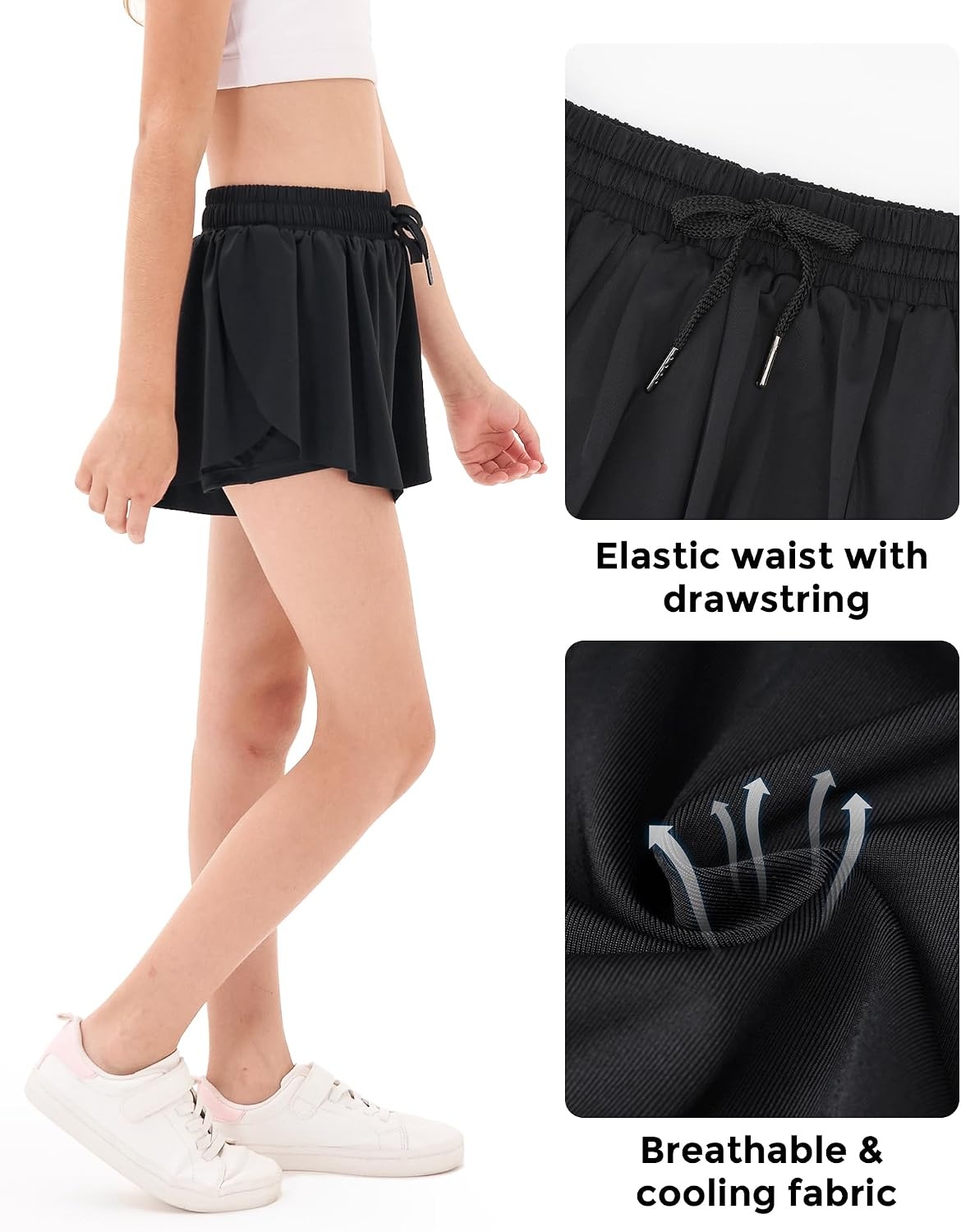 Stelle Girls Flowy Shorts with Pockets Athletic Running Skirt High Waist Butterfly 2 in 1 Sports Short 5-16 Years(Black)