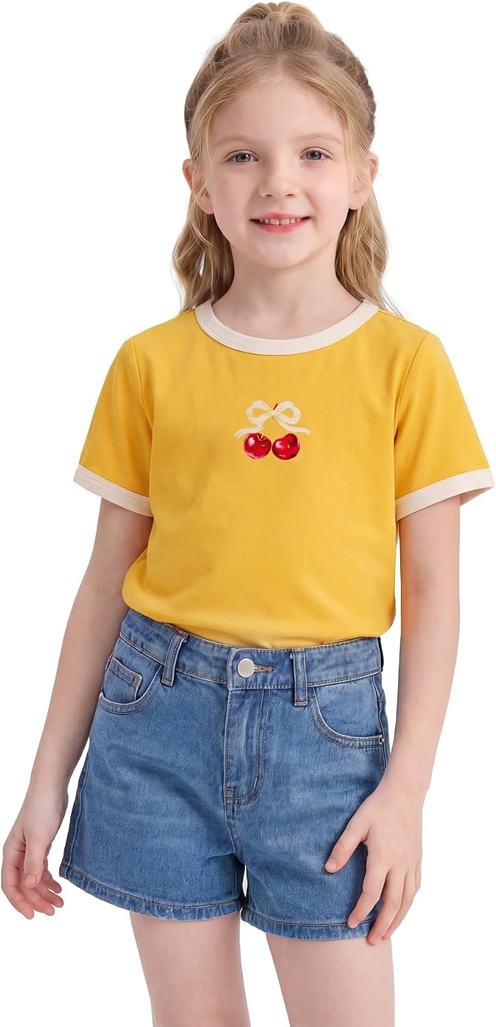 Stelle Girls Retro Graphic T Shirt Soft Stretch Crewneck for School(Cherry|yellow)