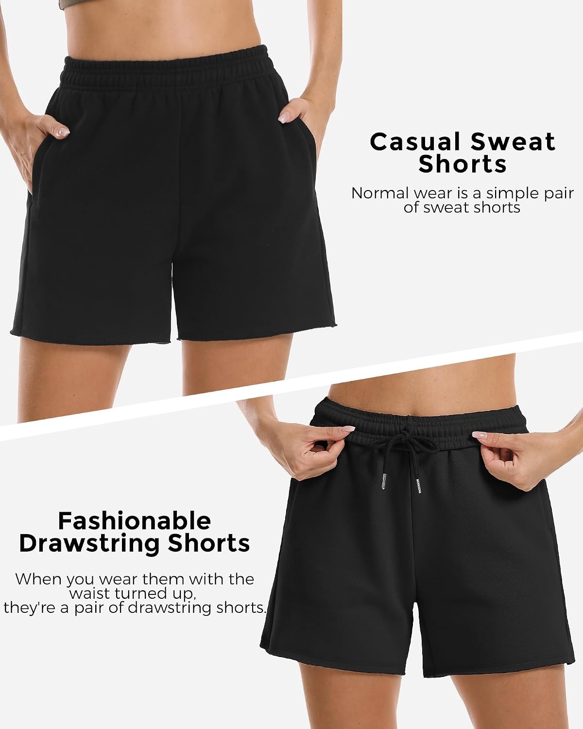 Stelle Women’s Sweat Shorts Casual Drawstring Shorts Comfy Cotton High Waisted Workout Lounge Shorts with Pockets(Black (Sweat Shorts))