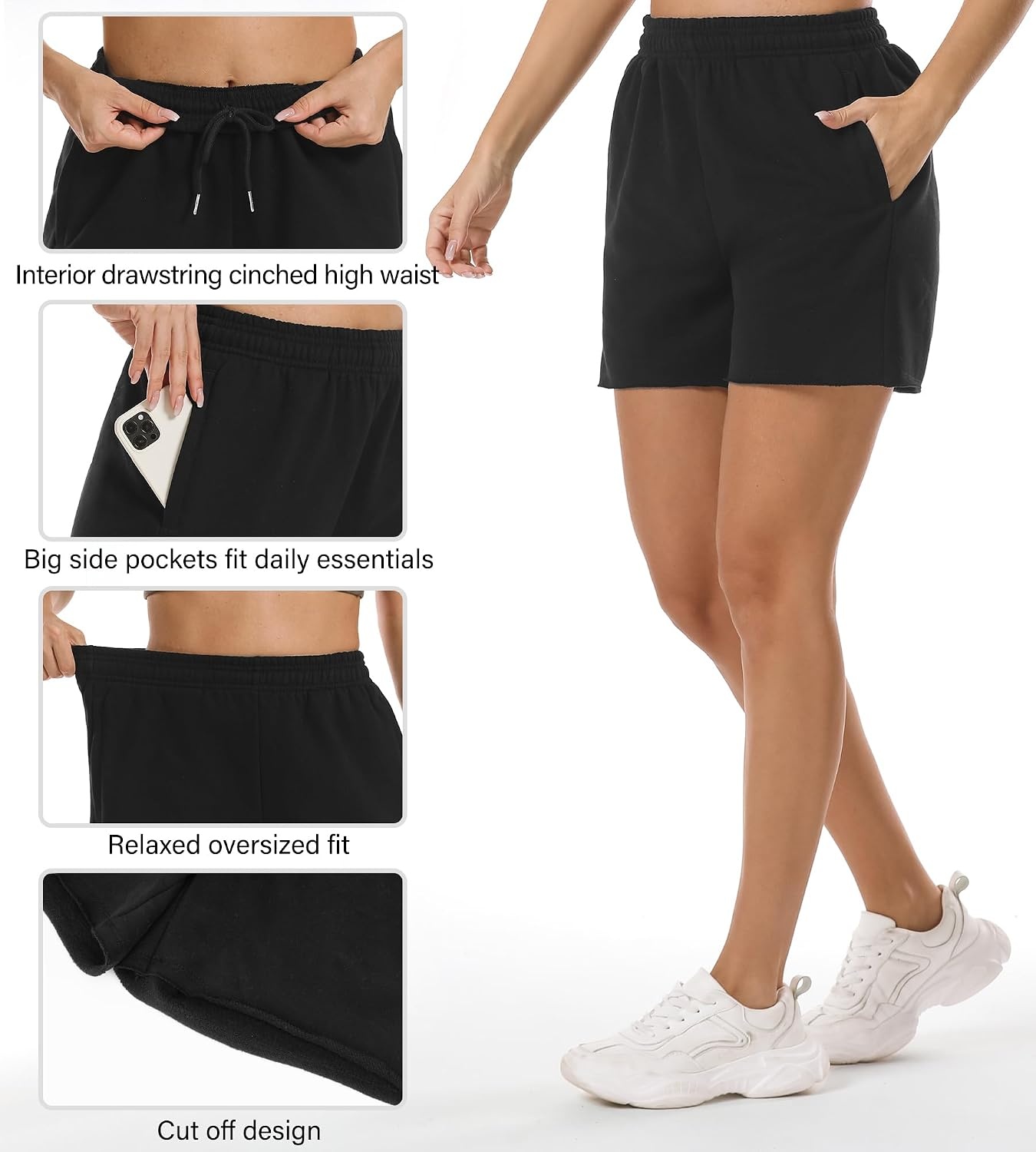 Stelle Women’s Sweat Shorts Casual Drawstring Shorts Comfy Cotton High Waisted Workout Lounge Shorts with Pockets(Black (Sweat Shorts))