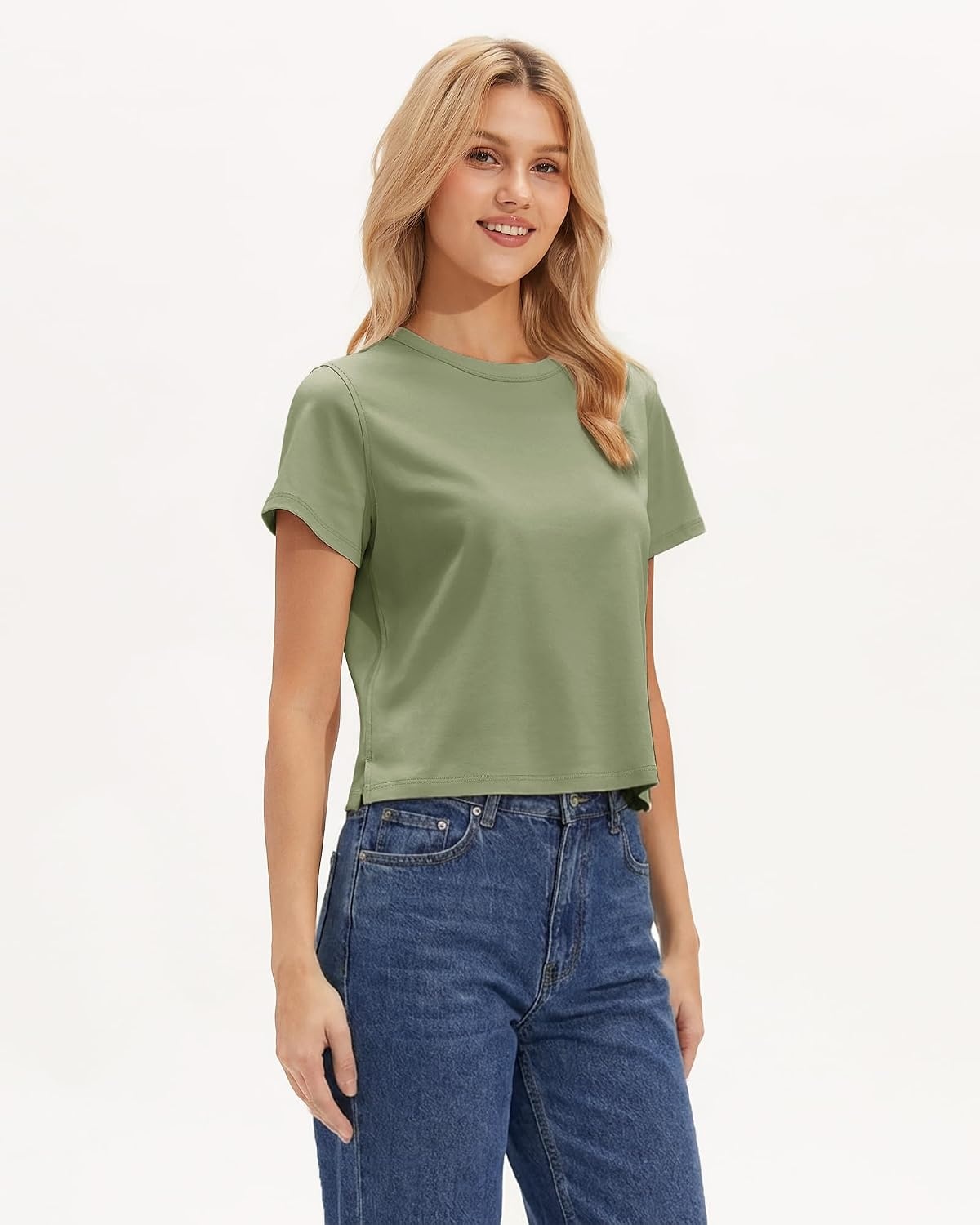 Stelle Women’s Short Sleeve Crewneck T-Shirts Cotton Basic Tees Summer Casual Solid Crop Tops(Gray Sage)
