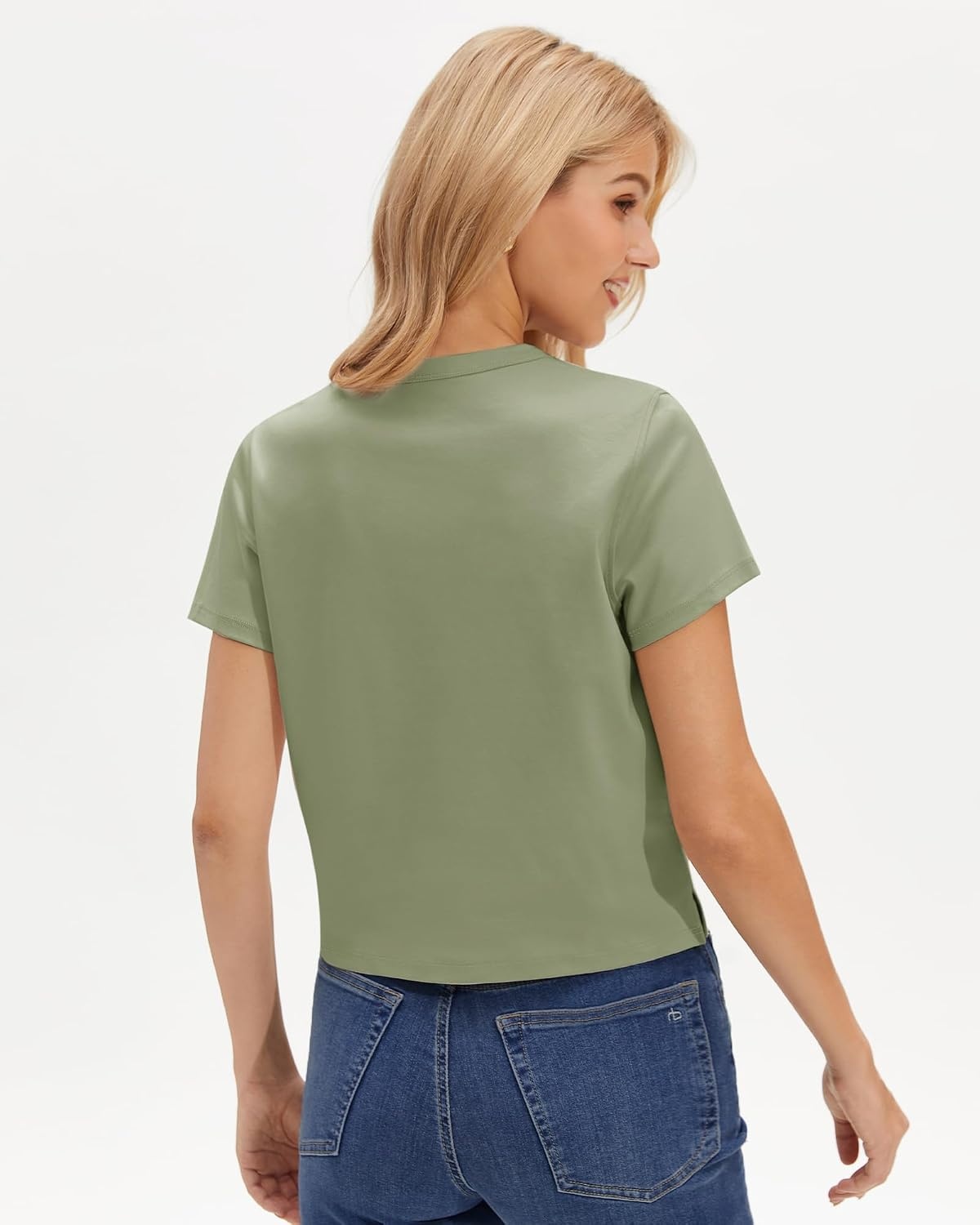 Stelle Women’s Short Sleeve Crewneck T-Shirts Cotton Basic Tees Summer Casual Solid Crop Tops(Gray Sage)