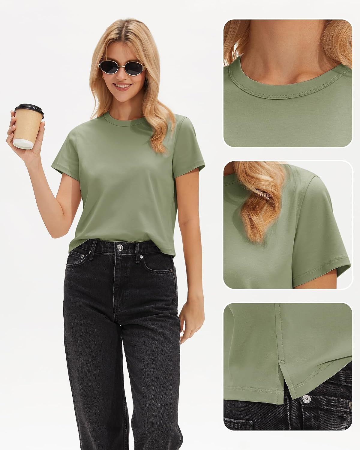 Stelle Women’s Short Sleeve Crewneck T-Shirts Cotton Basic Tees Summer Casual Solid Crop Tops(Gray Sage)