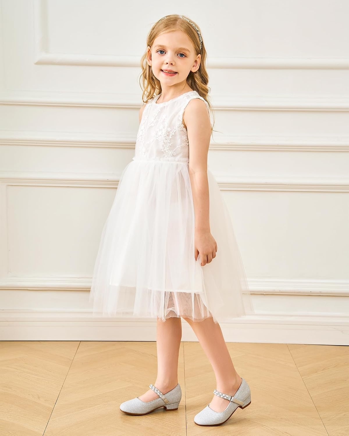Stelle Girls Dress Shoes with Jeweled Strap for Wedding Flower Girl Party(Silver)