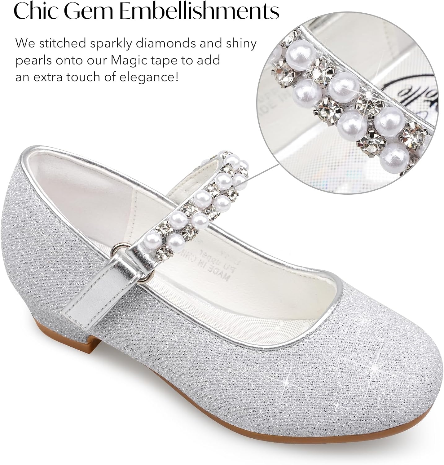 Stelle Girls Dress Shoes with Jeweled Strap for Wedding Flower Girl Party(Silver)