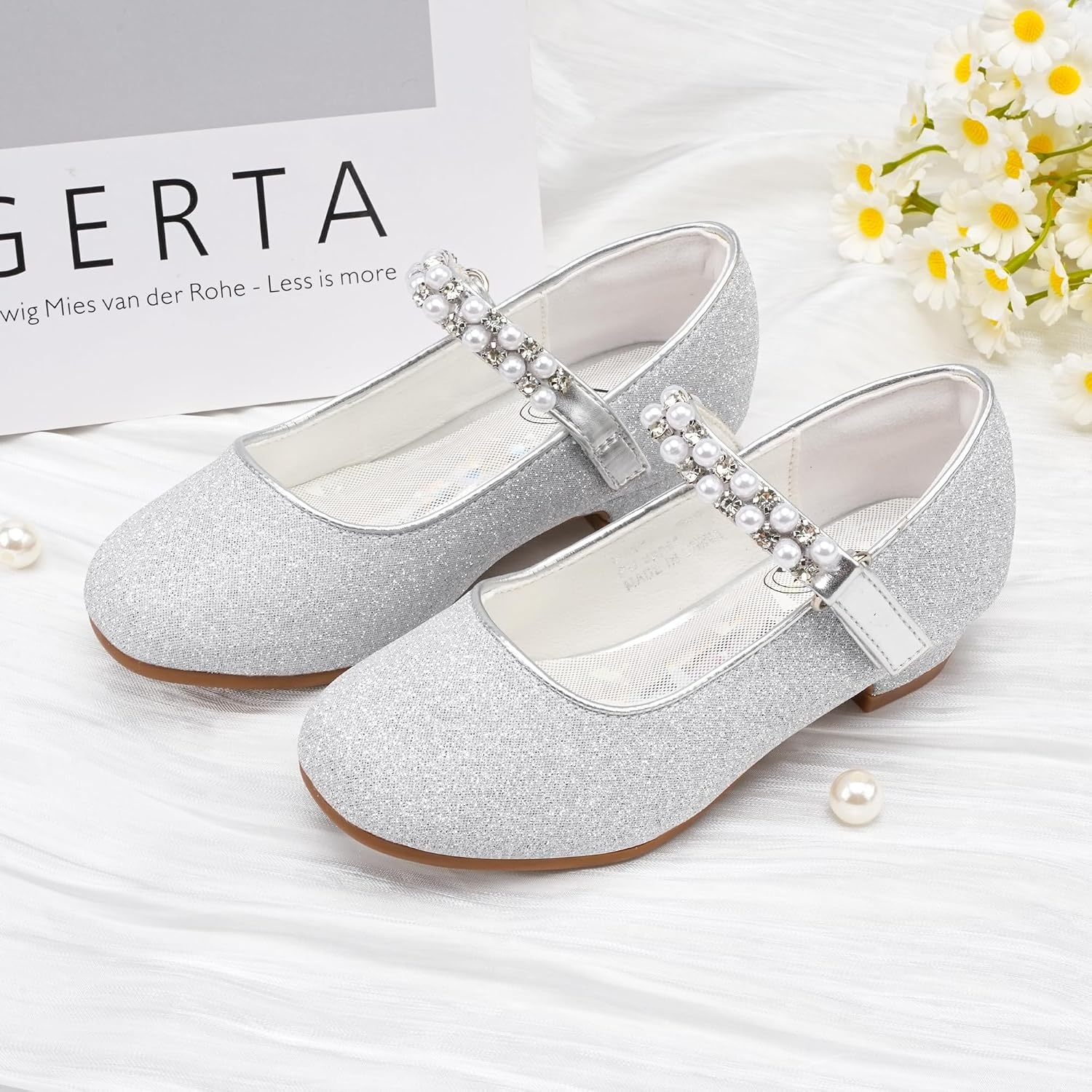 Stelle Girls Dress Shoes with Jeweled Strap for Wedding Flower Girl Party(Silver)