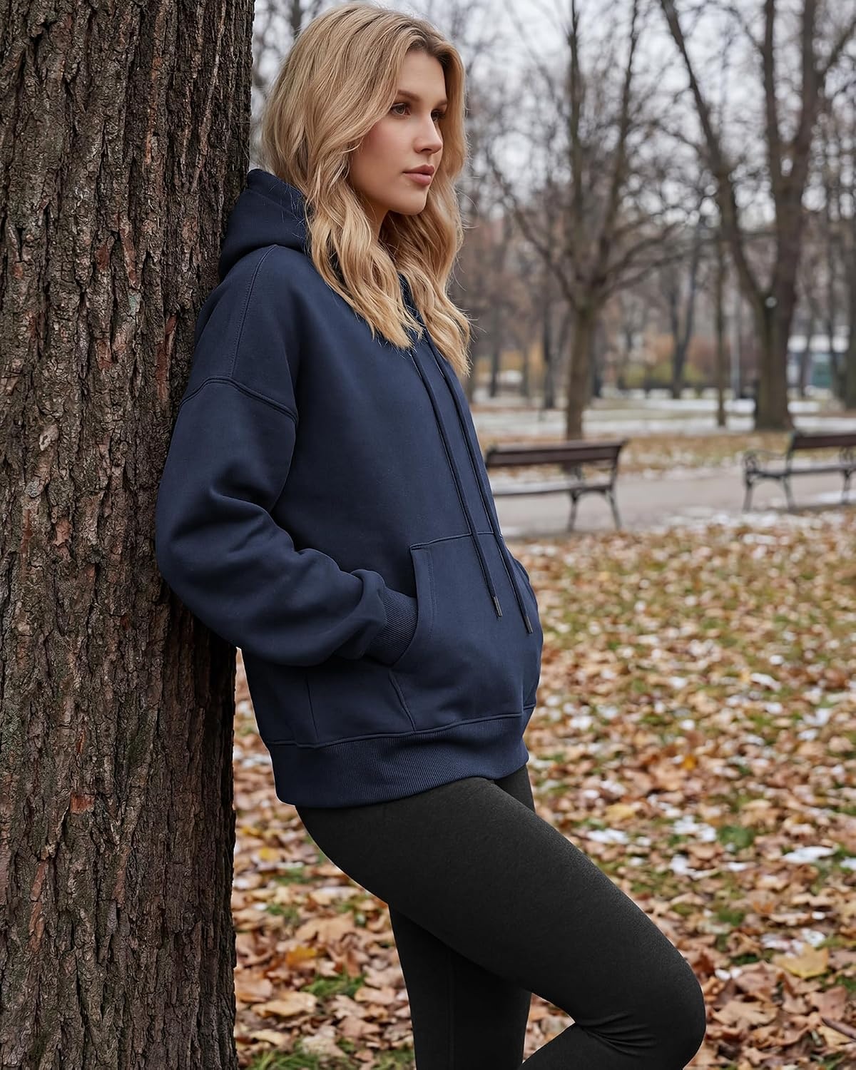 Stelle Women’s Oversized Fleece Hoodie Printed Cuff Fall Sweatshirts(Navy)