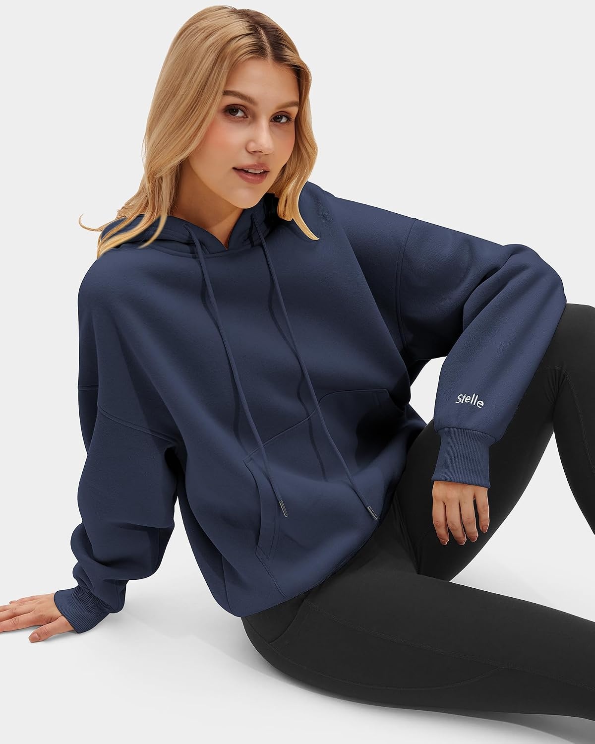 Stelle Women’s Oversized Fleece Hoodie Printed Cuff Fall Sweatshirts(Navy)