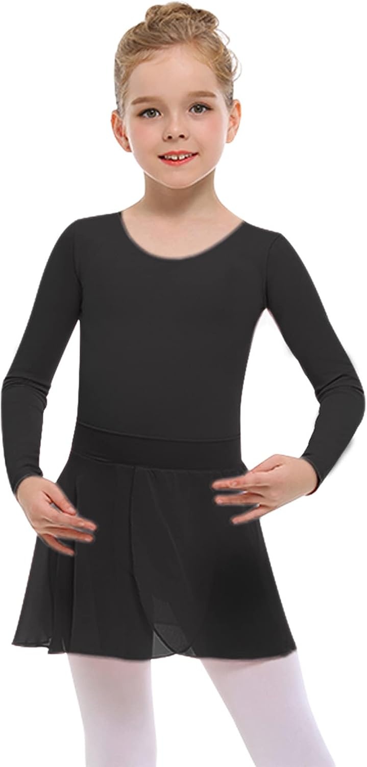 Stelle Girls Ballet Leotards Toddler Dance Outfit Combo with Pull on Skirt and Tights (Toddler/Little Kid/Big Kid)(04-black-long Sleeve)