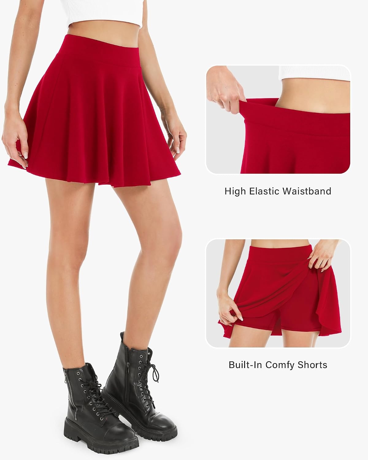 Stelle Women Casual Skater Skirts with Shorts Flared Mini Skorts(Red)