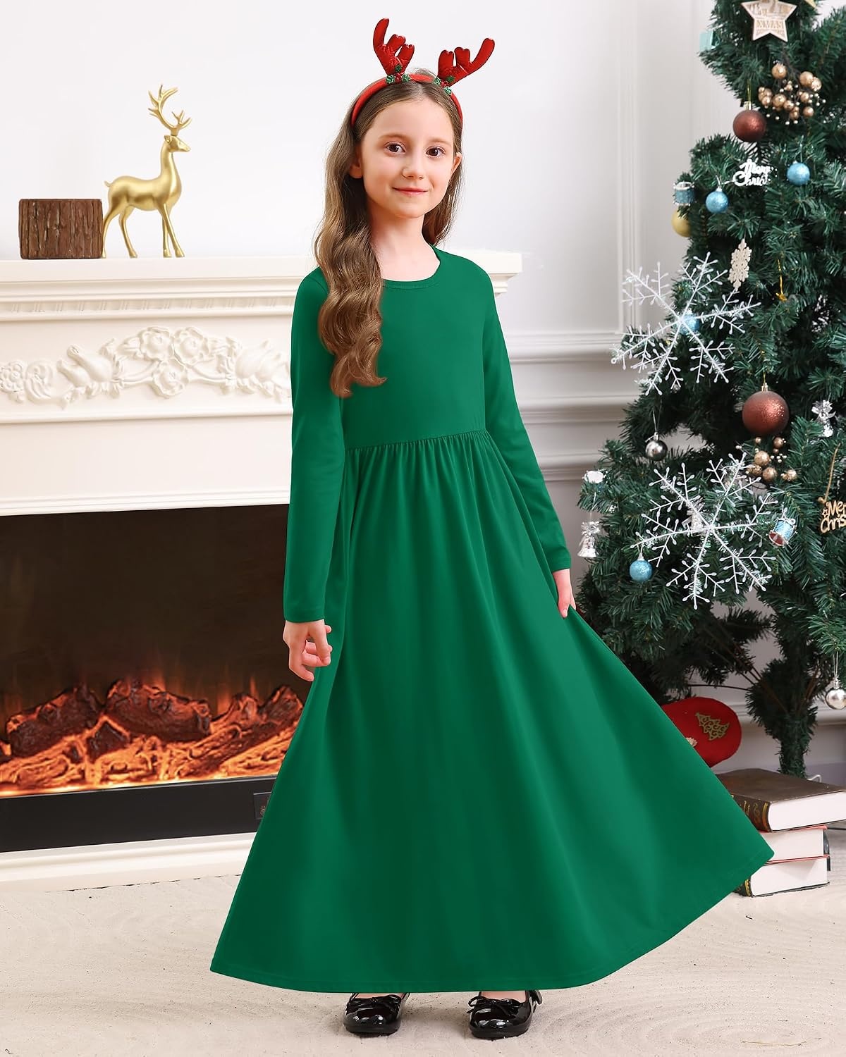 Stelle Girls Long Sleeve Maxi Dress with Pockets 6-15 Years | Crew Neck,Ankle Length,High Waist,Stretchable,Twirly,A Line, Spring Fall Dresses,Church,Long Dress for Little Kid,Teen,Tween(Green)