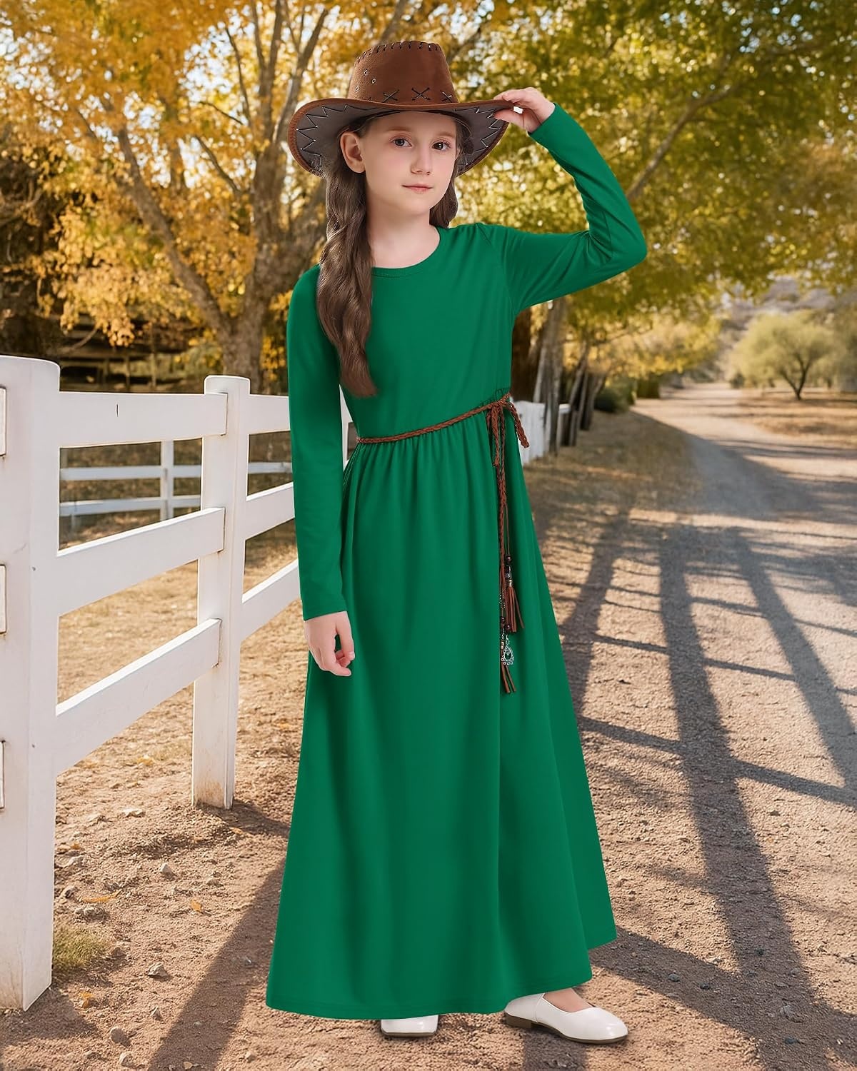 Stelle Girls Long Sleeve Maxi Dress with Pockets 6-15 Years | Crew Neck,Ankle Length,High Waist,Stretchable,Twirly,A Line, Spring Fall Dresses,Church,Long Dress for Little Kid,Teen,Tween(Green)
