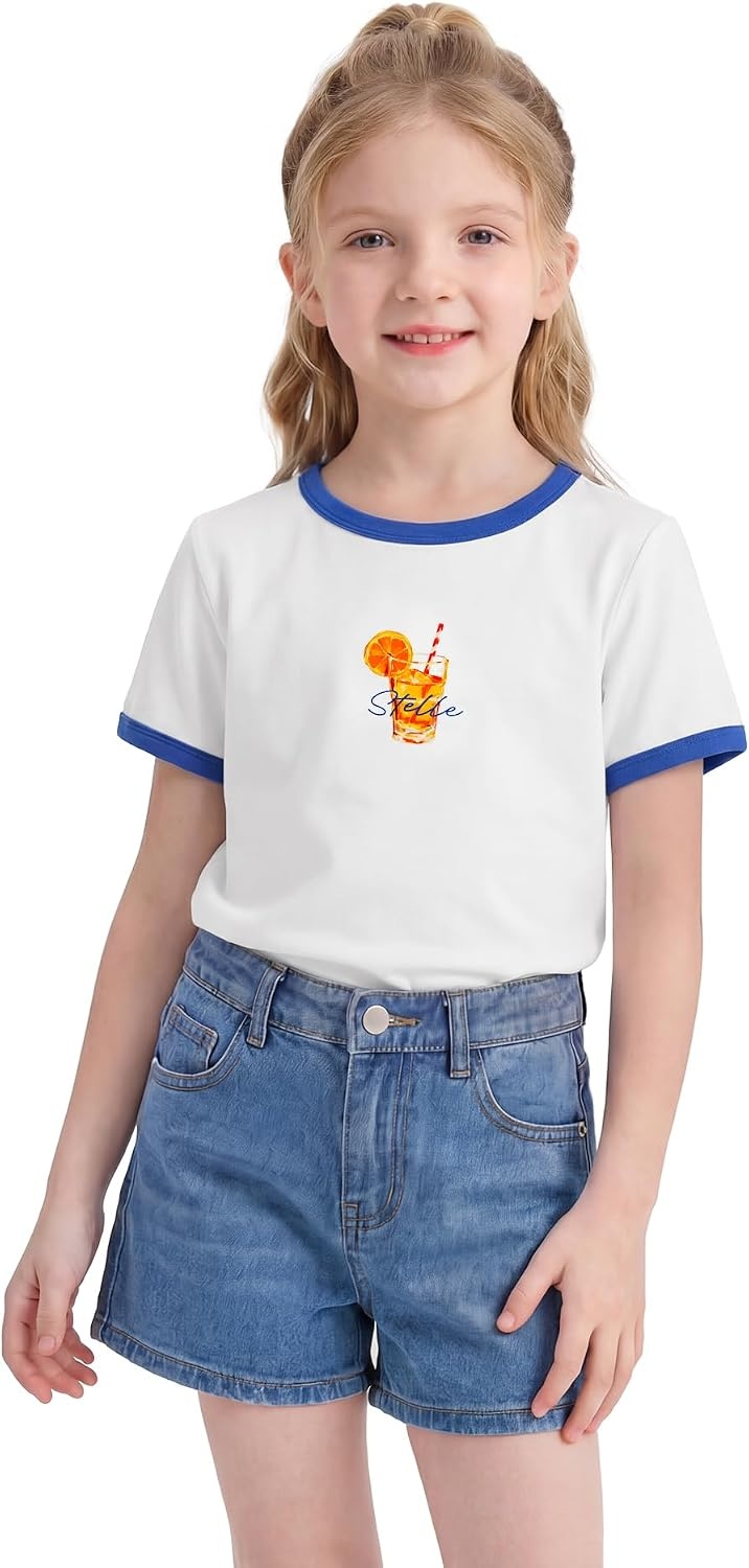 Stelle Girls Retro Graphic T Shirt Soft Stretch Crewneck for School(Oj Summer|white)