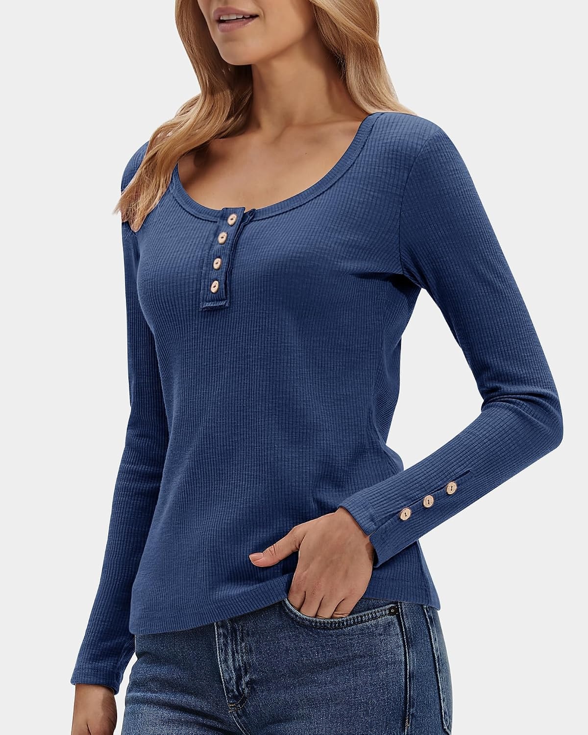 Stelle Women’s Ribbed Knit Henley Long Sleeve Button Top Loose Fit(Denim)