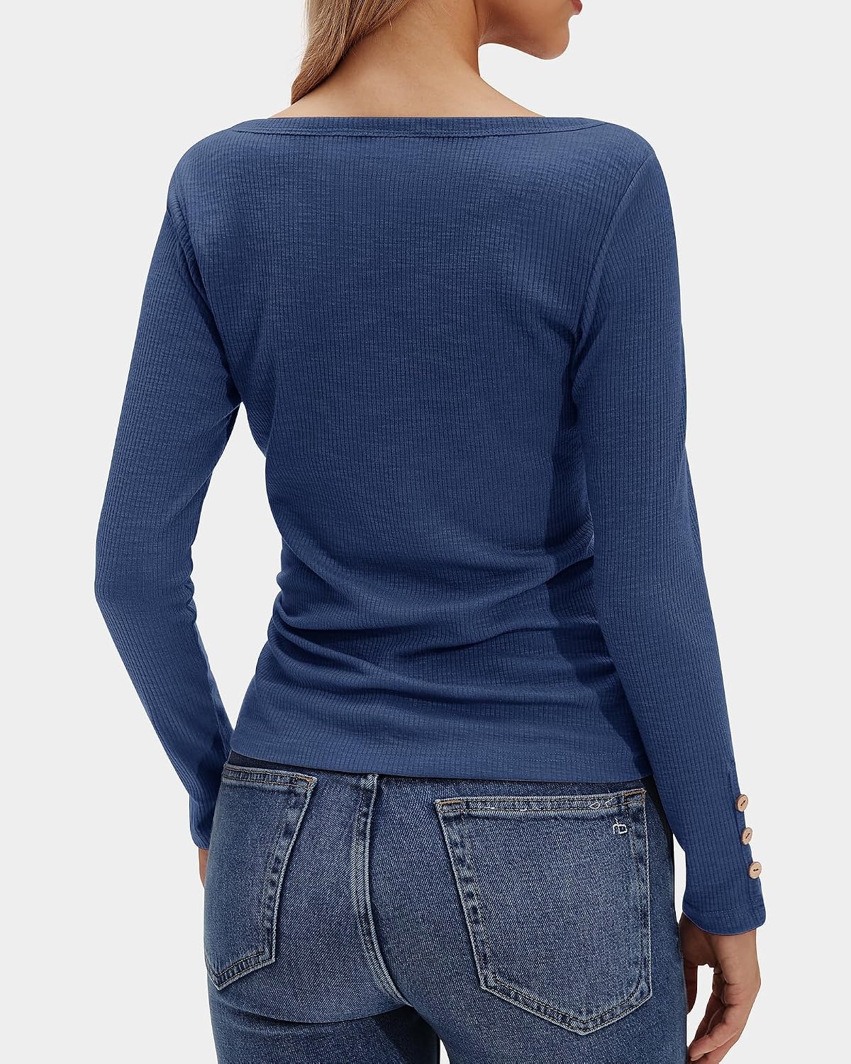 Stelle Women’s Ribbed Knit Henley Long Sleeve Button Top Loose Fit(Denim)