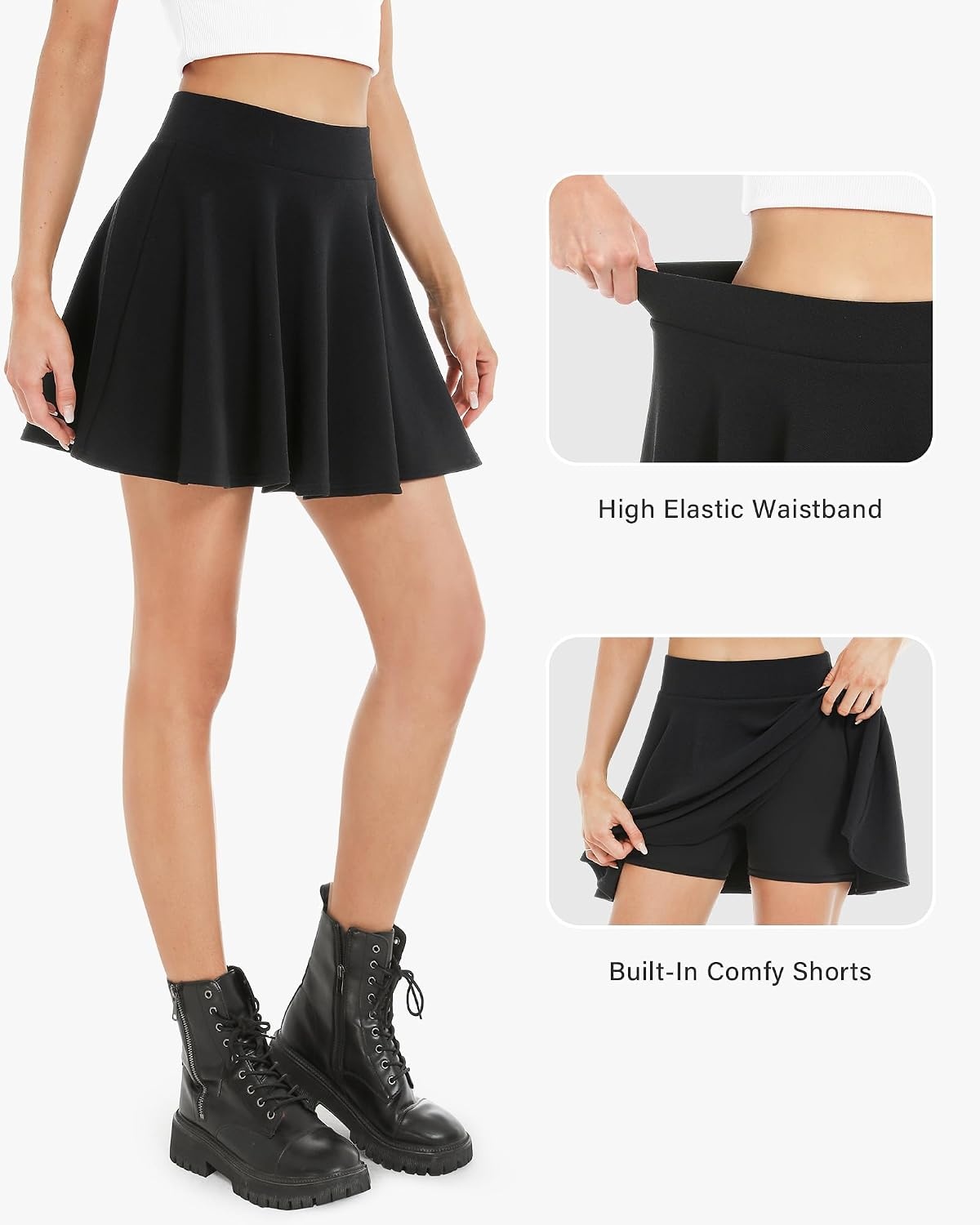 Stelle Women Casual Skater Skirts with Shorts Flared Mini Skorts(Black)
