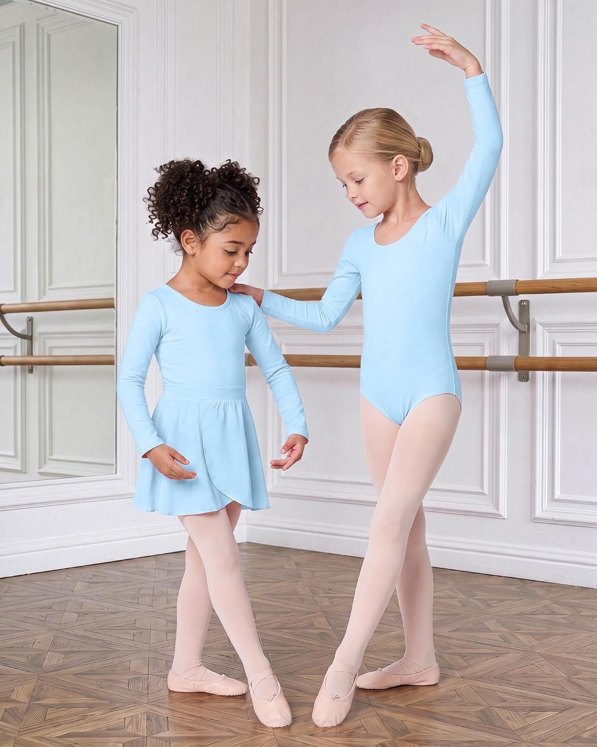Stelle Girls Ballet Leotards Dance Outfits with Skirt and Footed Tights(04-blue-long Sleeve)