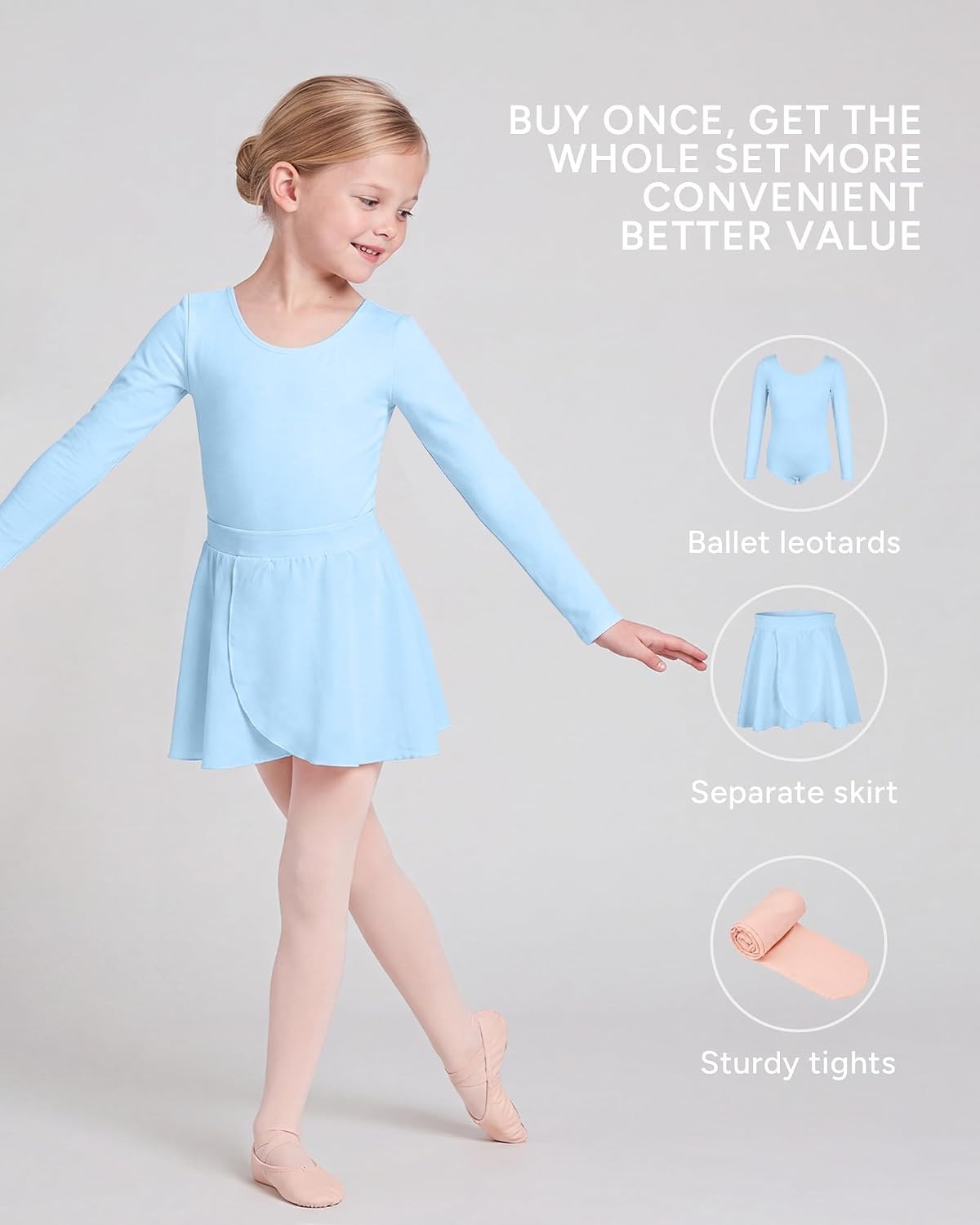 Stelle Girls Ballet Leotards Dance Outfits with Skirt and Footed Tights(04-blue-long Sleeve)