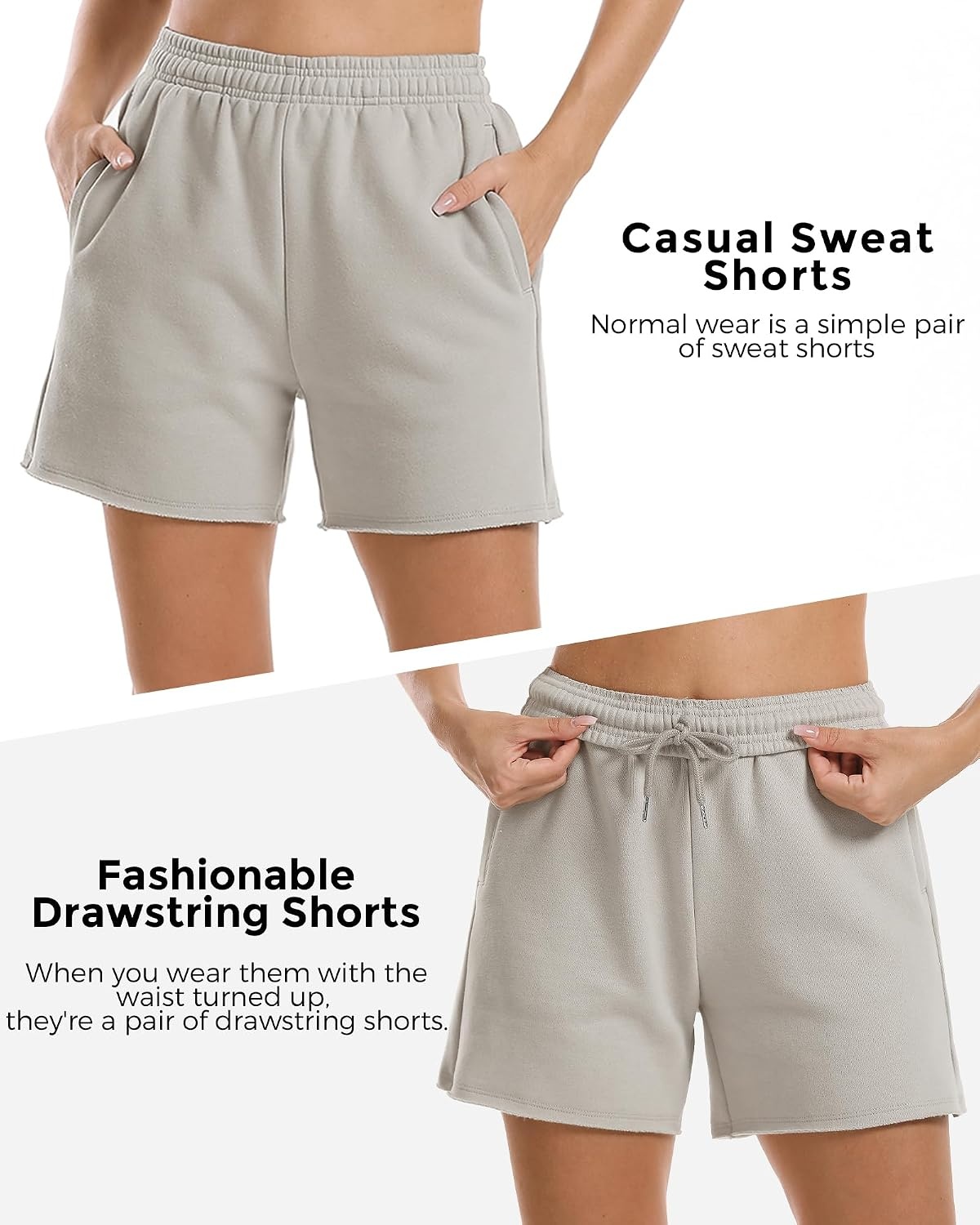Stelle Women’s Sweat Shorts Casual Drawstring Shorts Comfy Cotton High Waisted Workout Lounge Shorts with Pockets(Light Gray (Sweat Shorts))