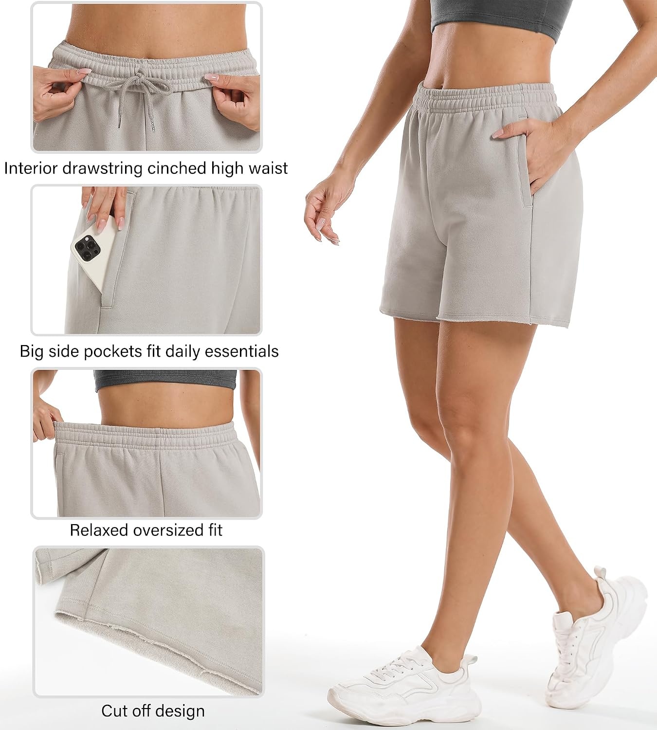 Stelle Women’s Sweat Shorts Casual Drawstring Shorts Comfy Cotton High Waisted Workout Lounge Shorts with Pockets(Light Gray (Sweat Shorts))