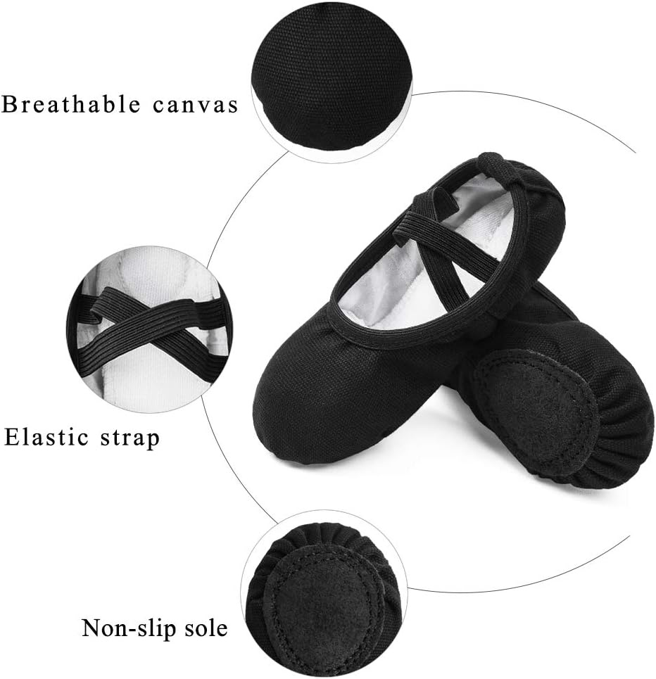 Stelle Canvas Ballet Shoes Toddler Girls No-Tie Split Sole Ballet Slippers(Black)