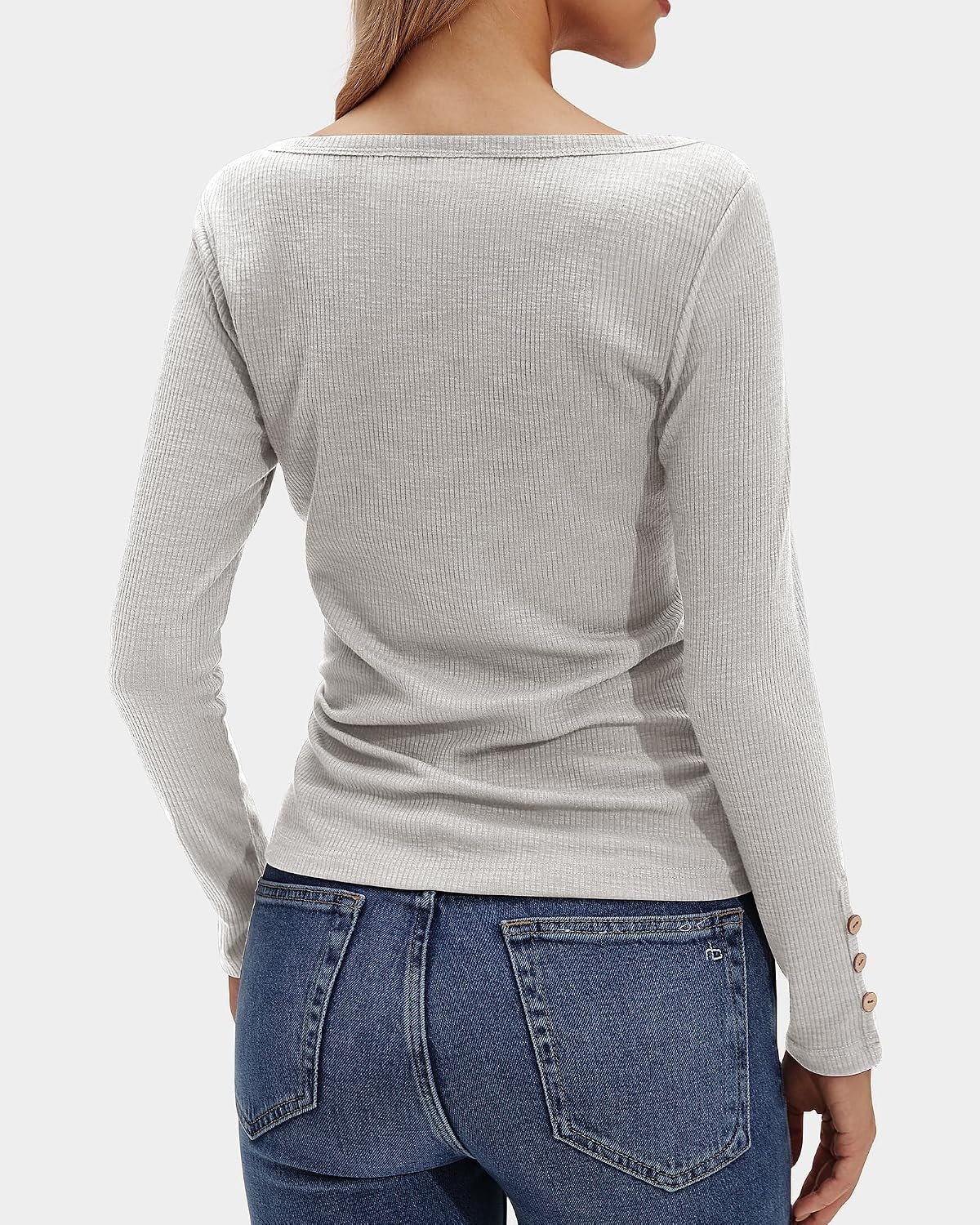 Stelle Women’s Ribbed Knit Henley Long Sleeve Button Top Loose Fit(Light Grey)
