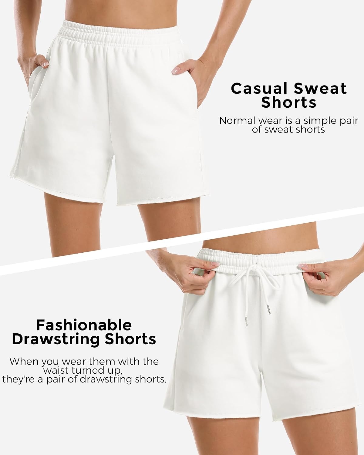 Stelle Women’s Sweat Shorts Casual Drawstring Shorts Comfy Cotton High Waisted Workout Lounge Shorts with Pockets(White (Sweat Shorts))