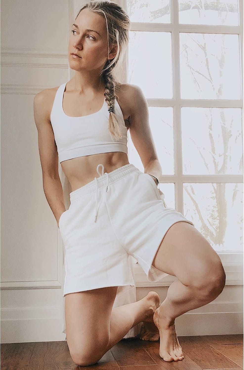Stelle Women’s Sweat Shorts Casual Drawstring Shorts Comfy Cotton High Waisted Workout Lounge Shorts with Pockets(White (Sweat Shorts))
