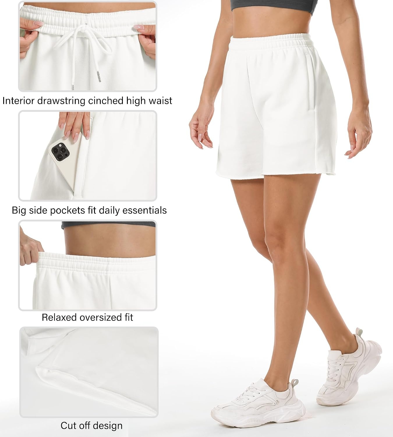 Stelle Women’s Sweat Shorts Casual Drawstring Shorts Comfy Cotton High Waisted Workout Lounge Shorts with Pockets(White (Sweat Shorts))